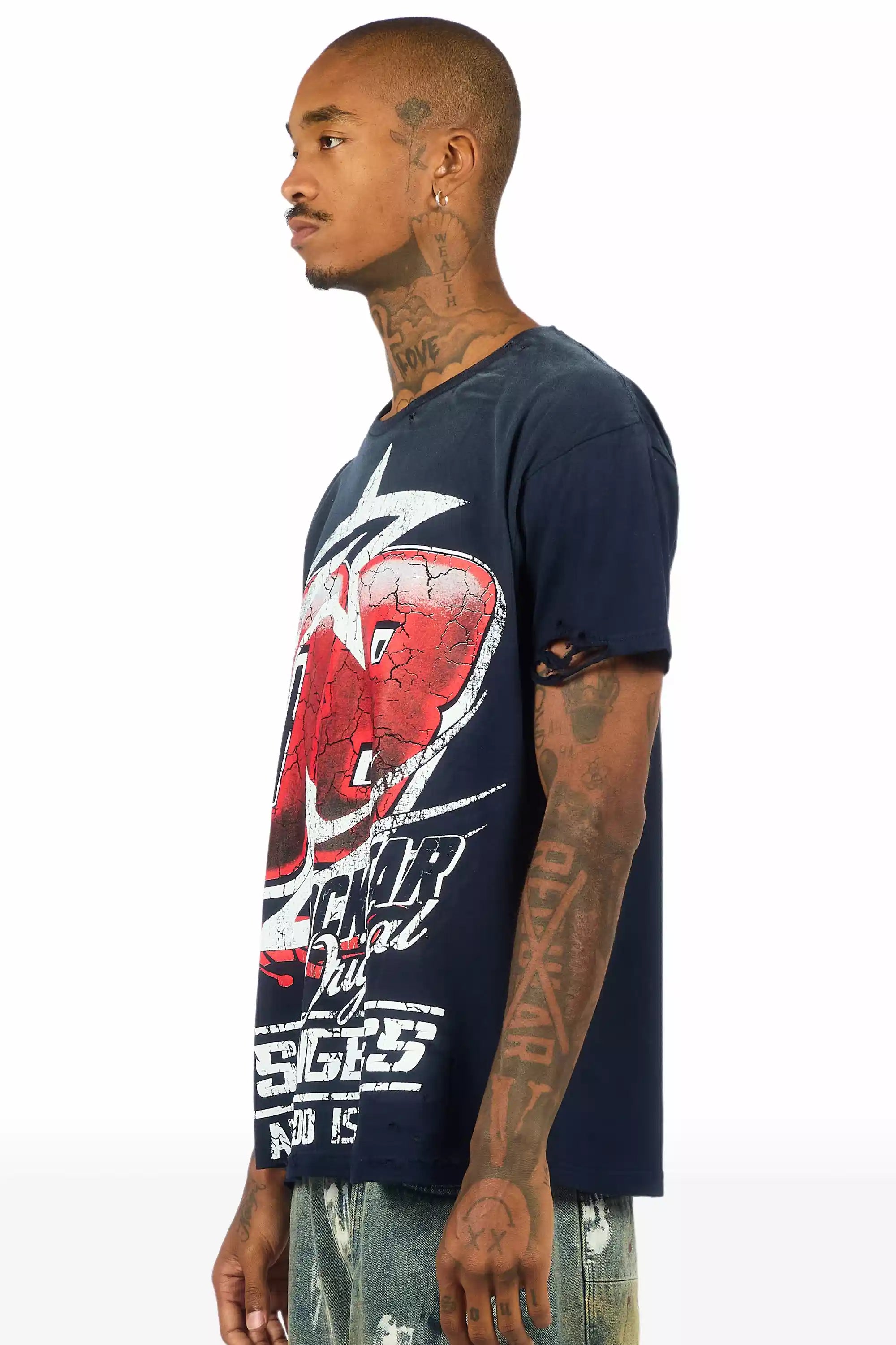 Kastell Navy/White Oversized Distressed Graphic T-Shirt