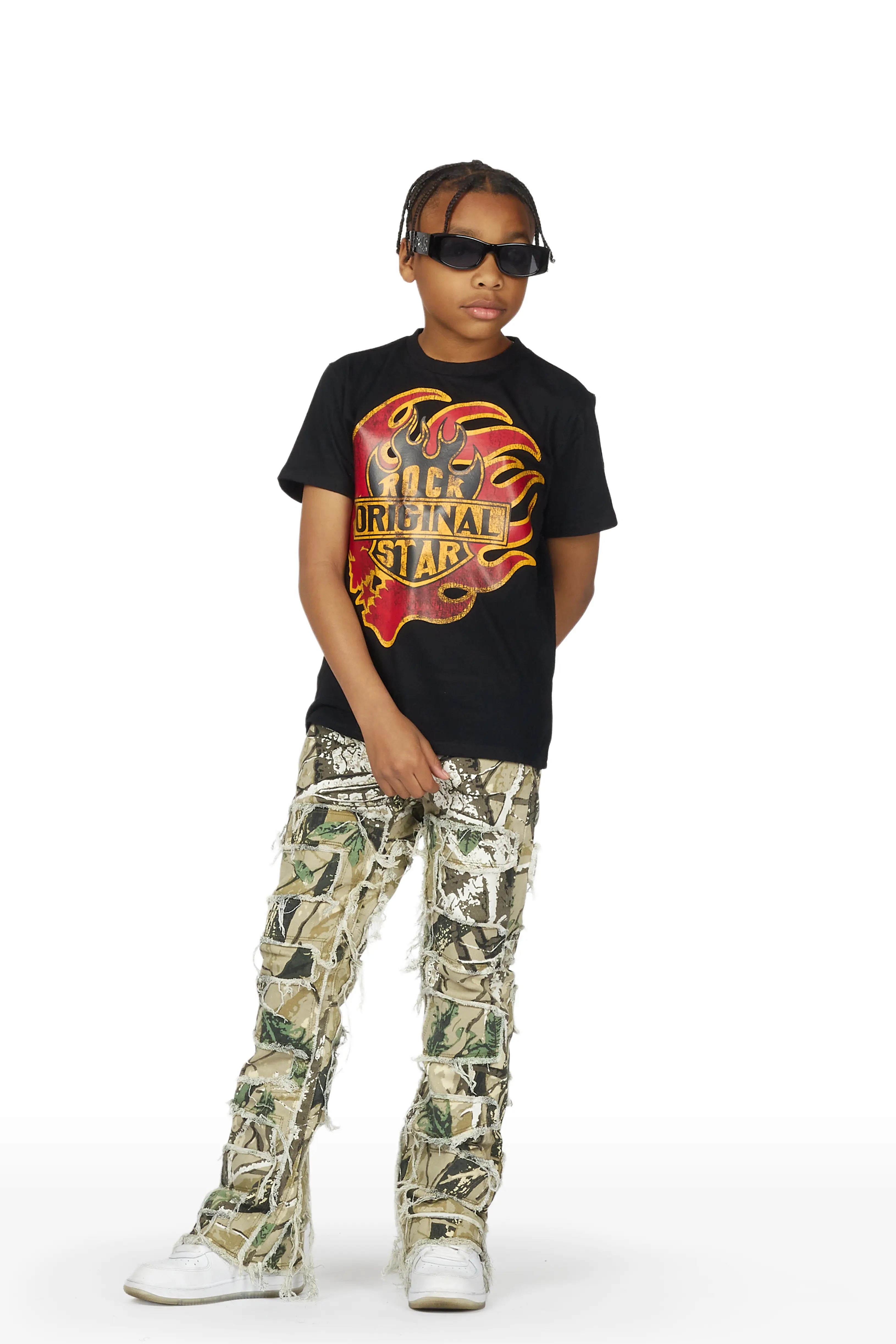 Boys Laran Black/Camo T-Shirt/Stacked Flare Jean