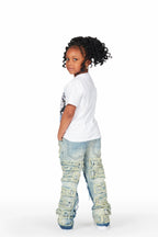 Girls Edina White/Blue T-Shirt/Stacked Flare Jean Set