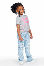 Girls Genie Grey/Blue T-Shirt/Stacked Flare Jean Set
