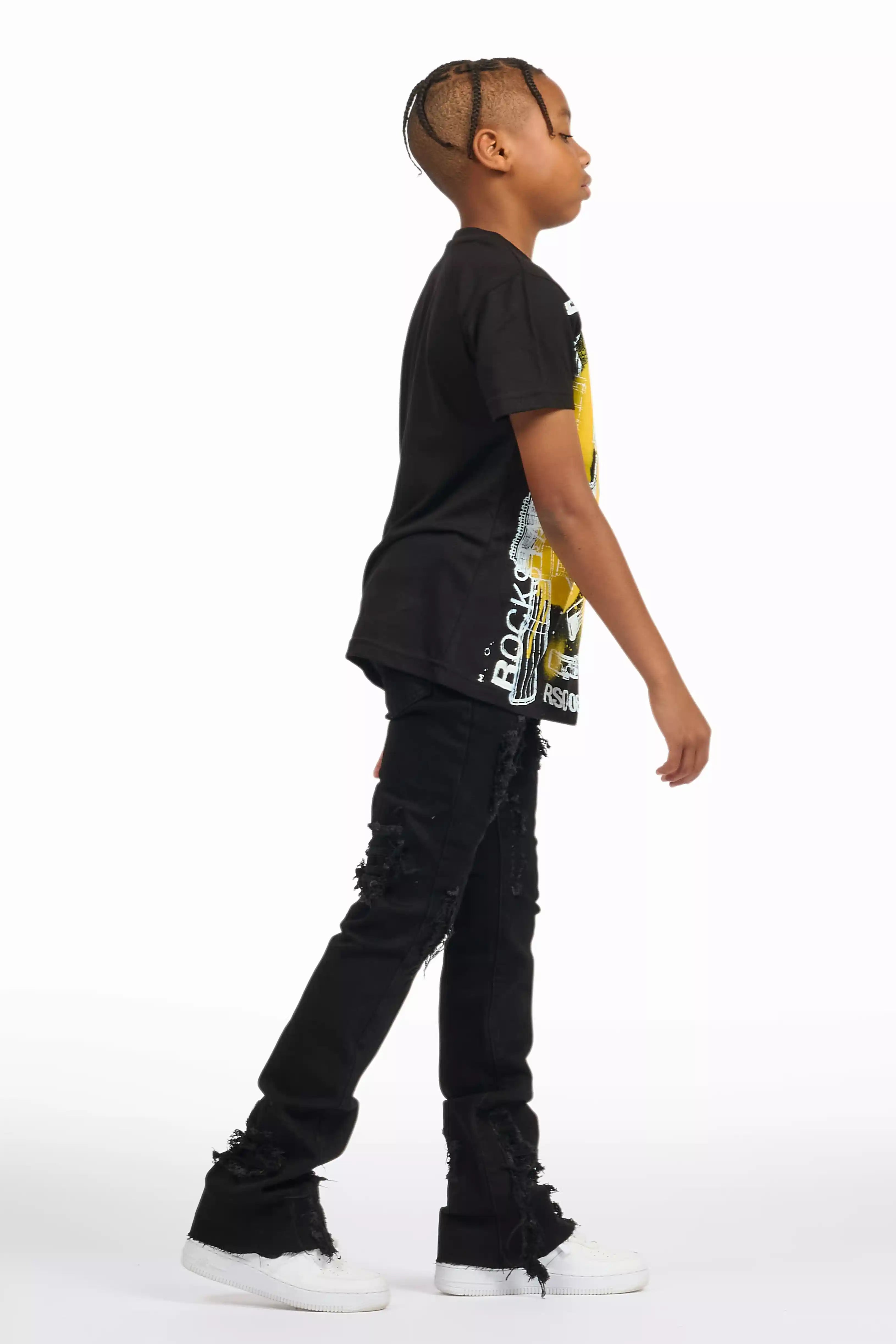 Boys Nesta Black/Yellow T-Shirt/Stacked Flare Jean Set