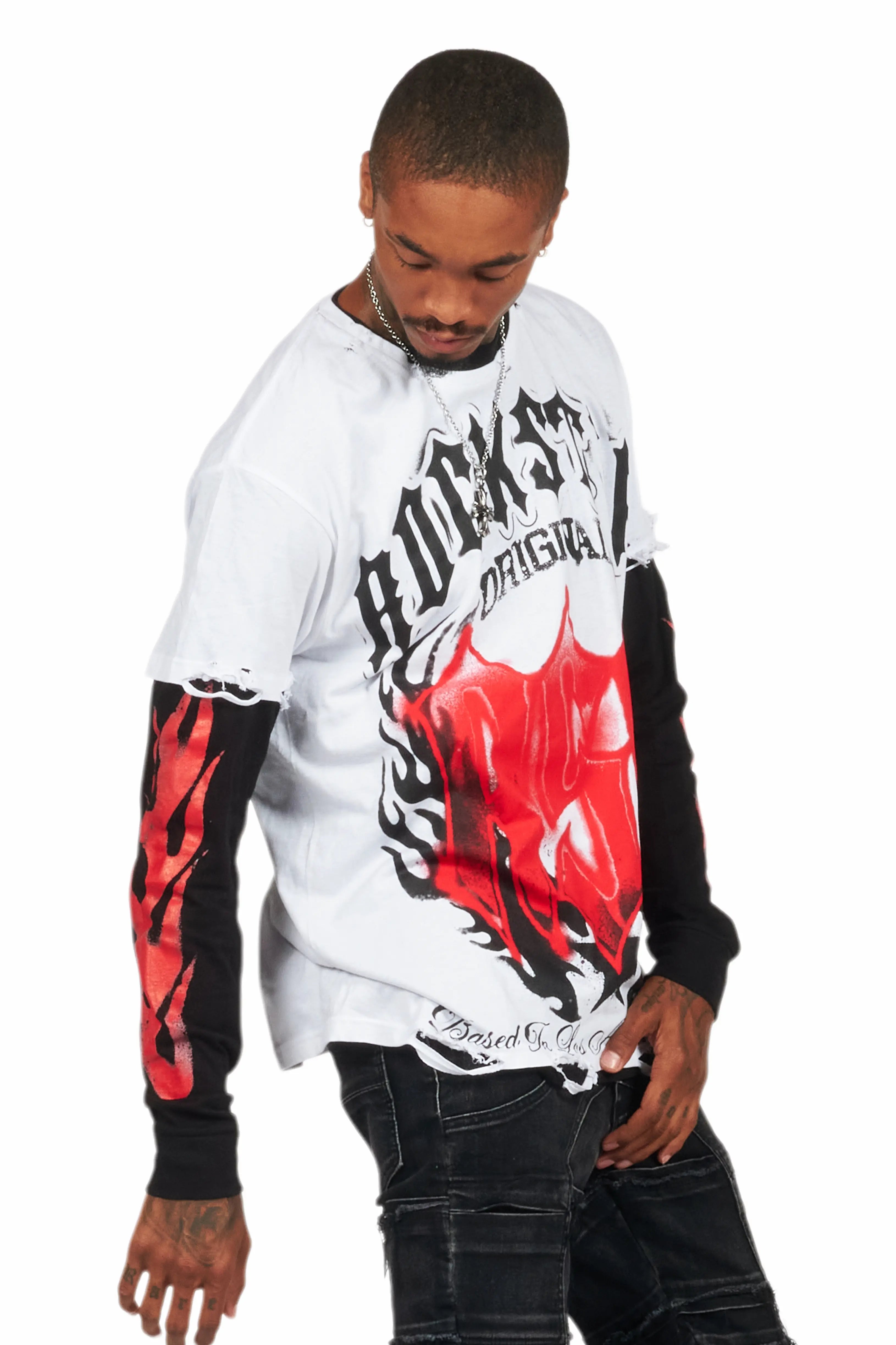 Boaz White/Black Double Layer Long Sleeve Graphic T-Shirt