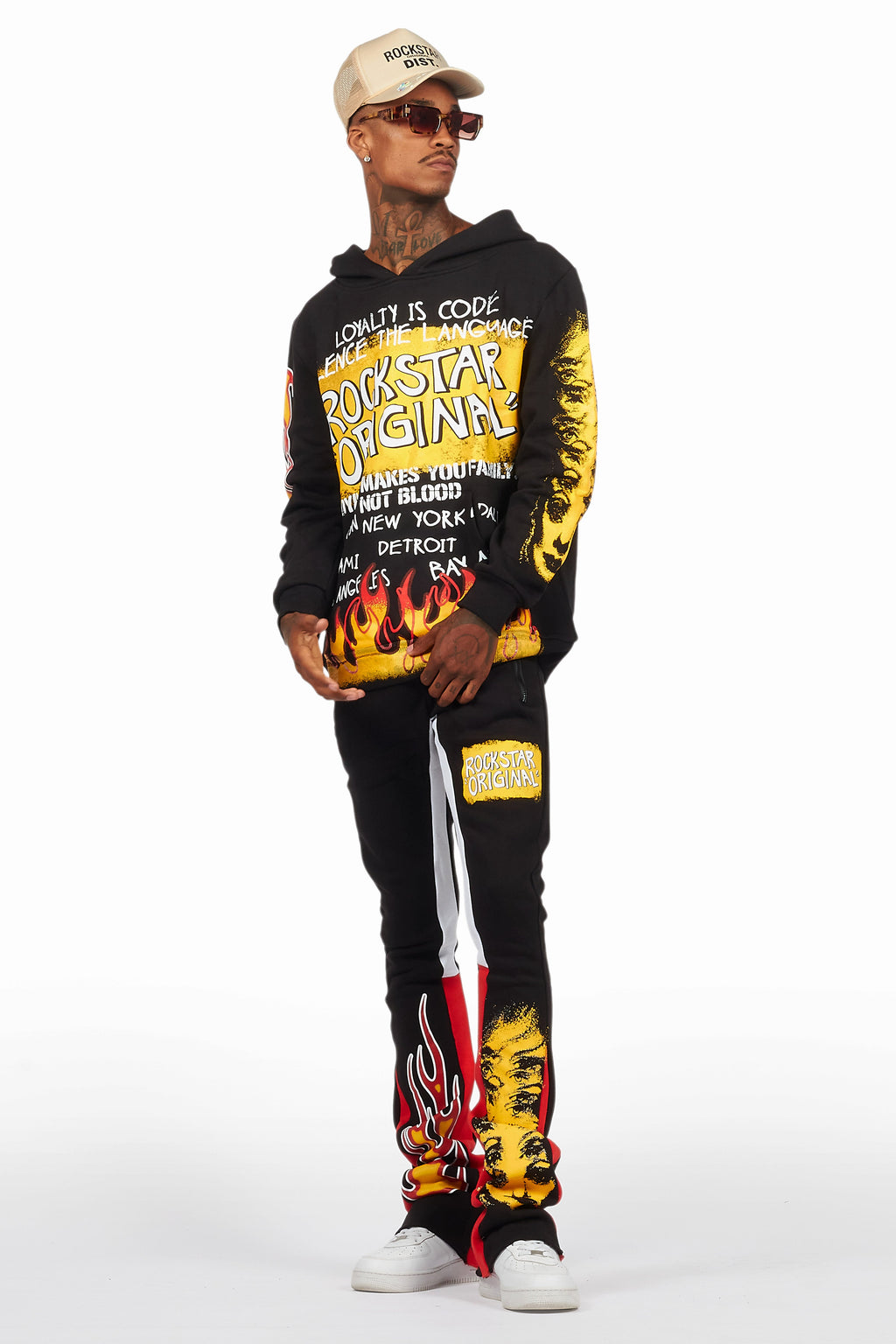 Beno Black/Yellow Stacked Flare Hoodie Track Set