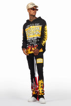 Beno Black/Yellow Stacked Flare Hoodie Track Set