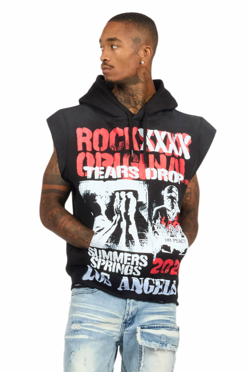 Paton Black/Red Distressed Graphic Cut Sleeve Hoodie