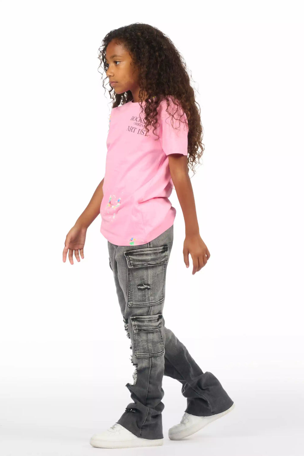 Girls Vixen Grey Wash Distressed Stacked Jean