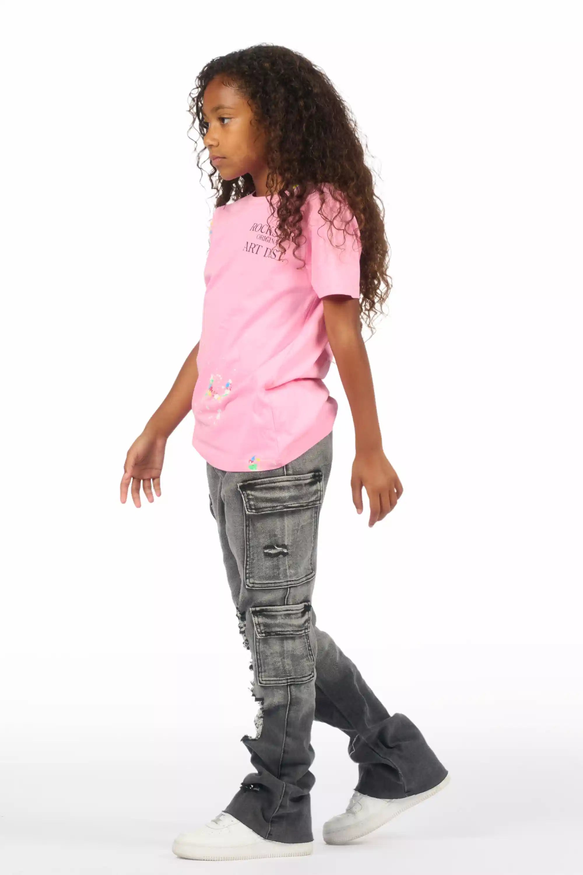 Girls Vixen Grey Wash Distressed Stacked Jean