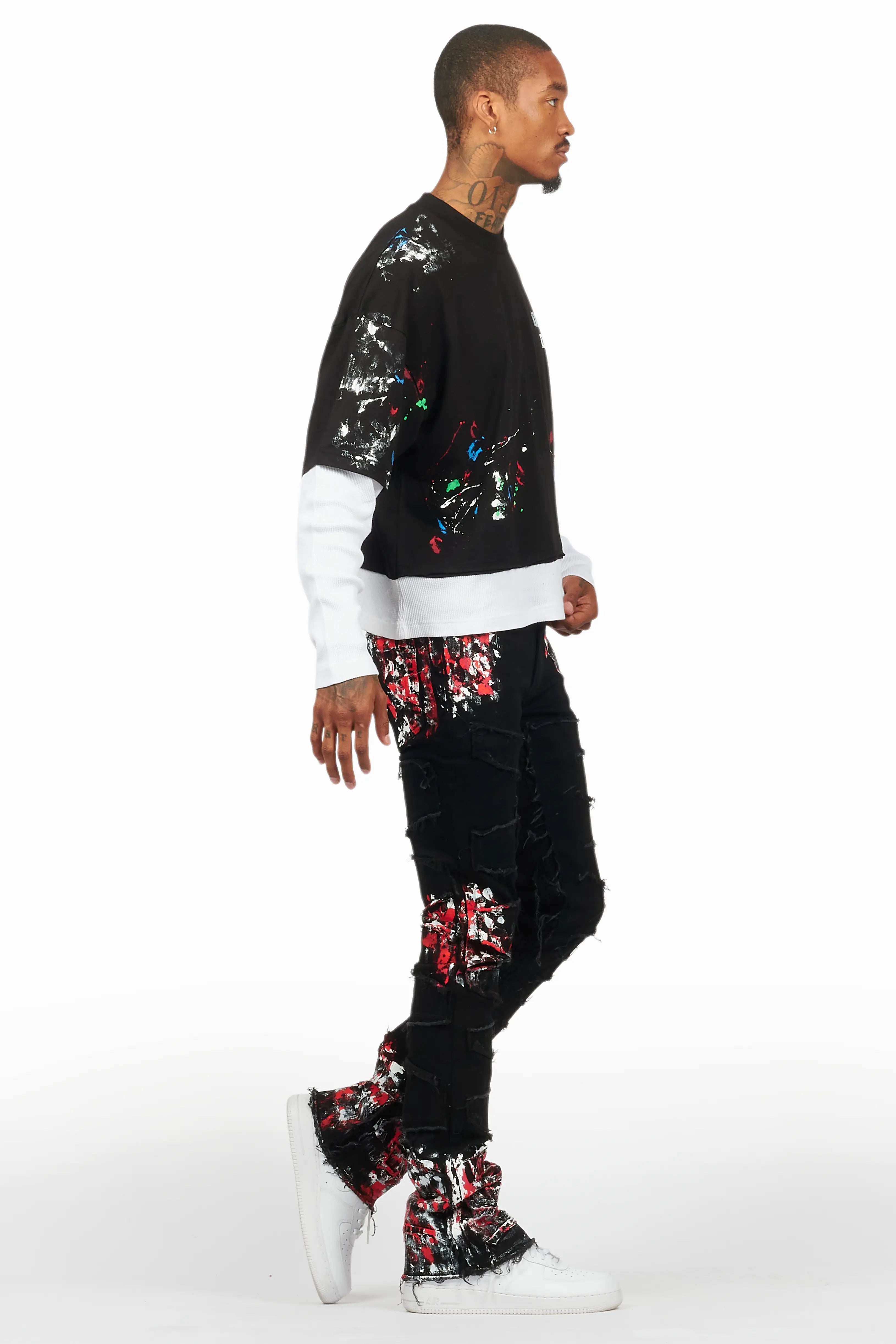 Kodak Black/Red Painter Stacked Flare Fringe Jean