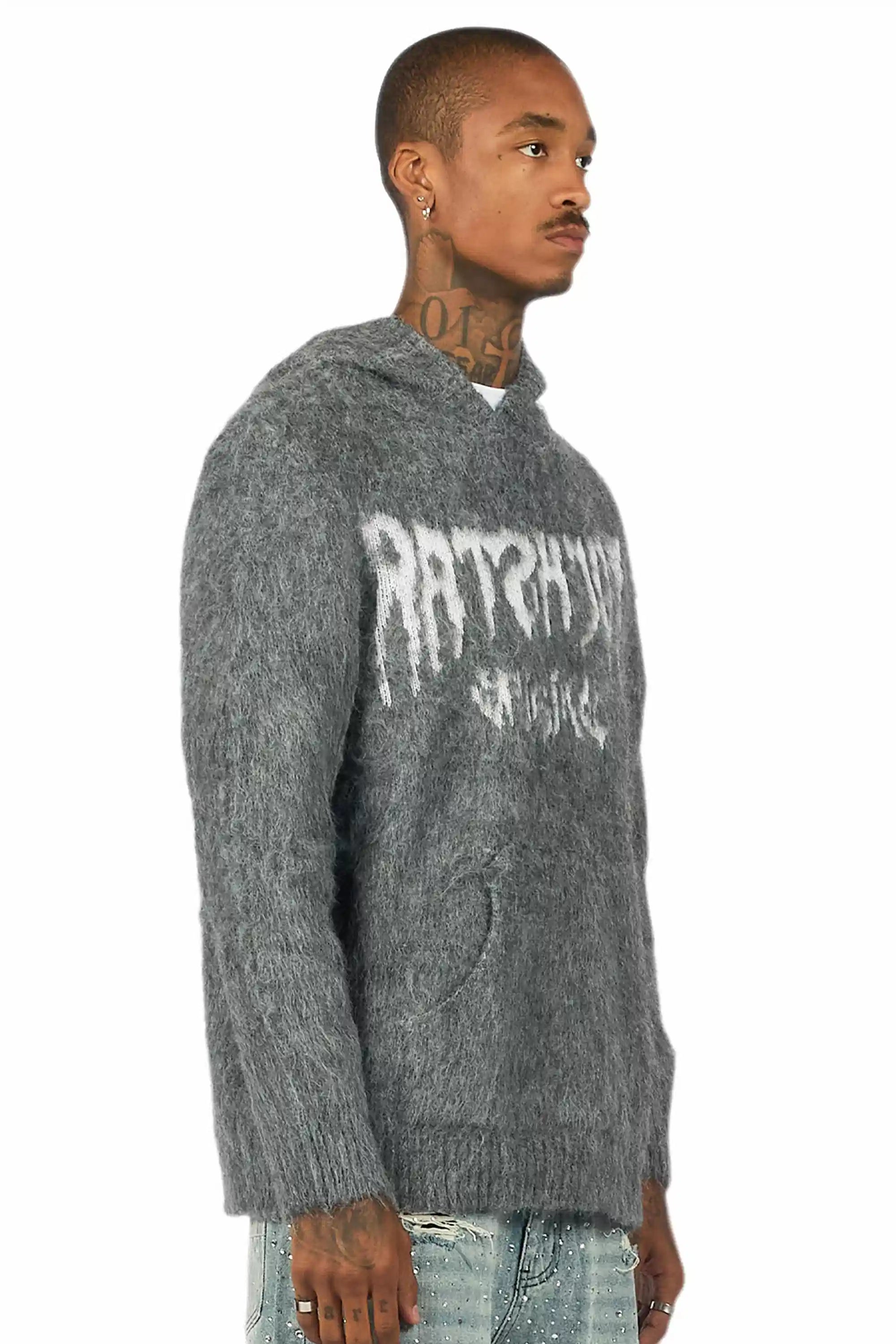 Andros Reflected Grey Graphic Knitted Mohair Hoodie