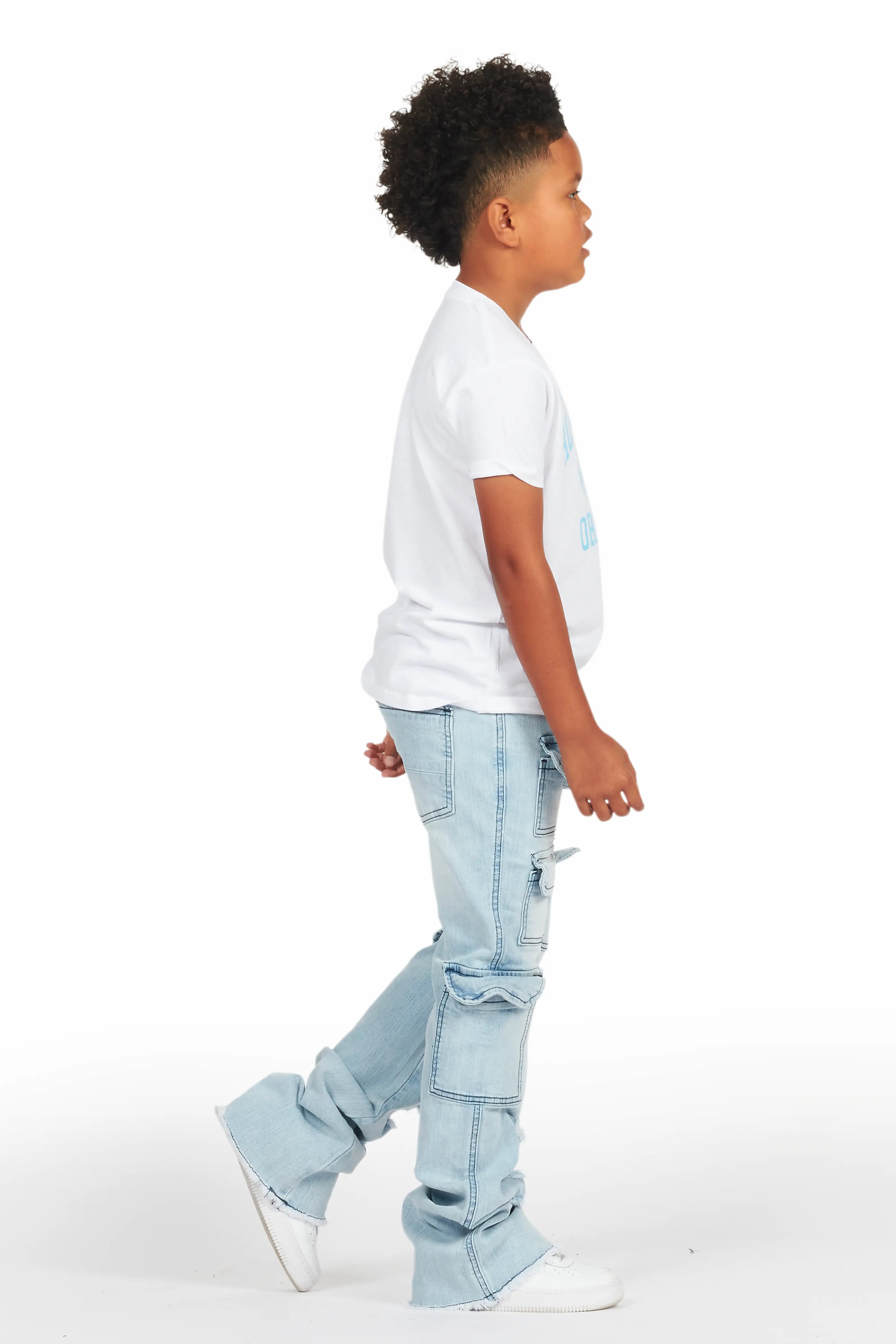 Boys Members White/Blue T-Shirt/Stacked Flare Jean Set