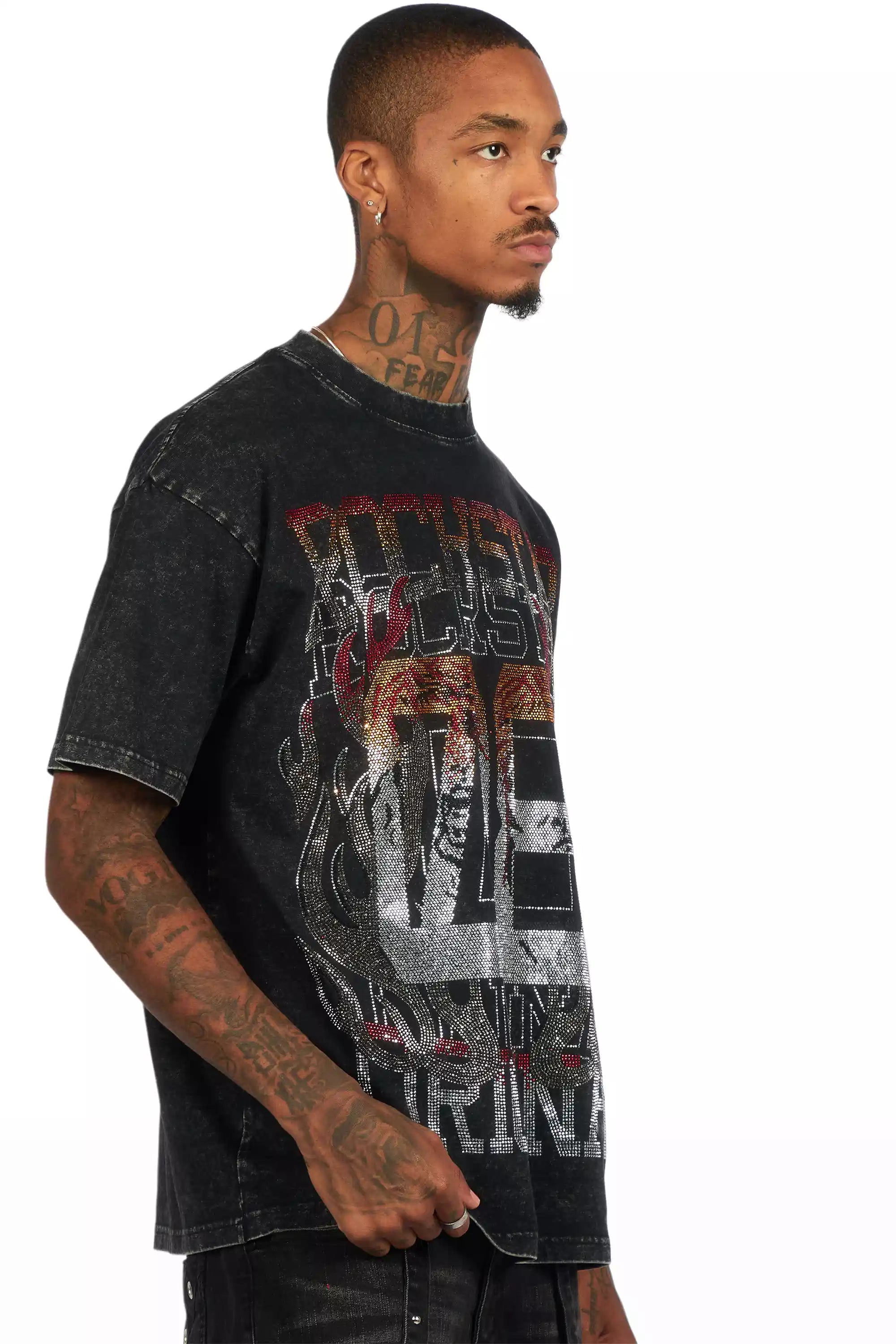 Veyene Black Graphic Rhinestone T-Shirt