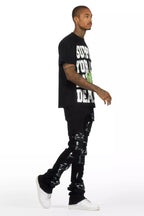 Tarl Black Oversized T-Shirt/Painted Super Stacked Flare Jean Bundle