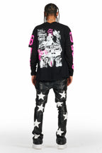 Steen Black PU Stacked Flare Jean