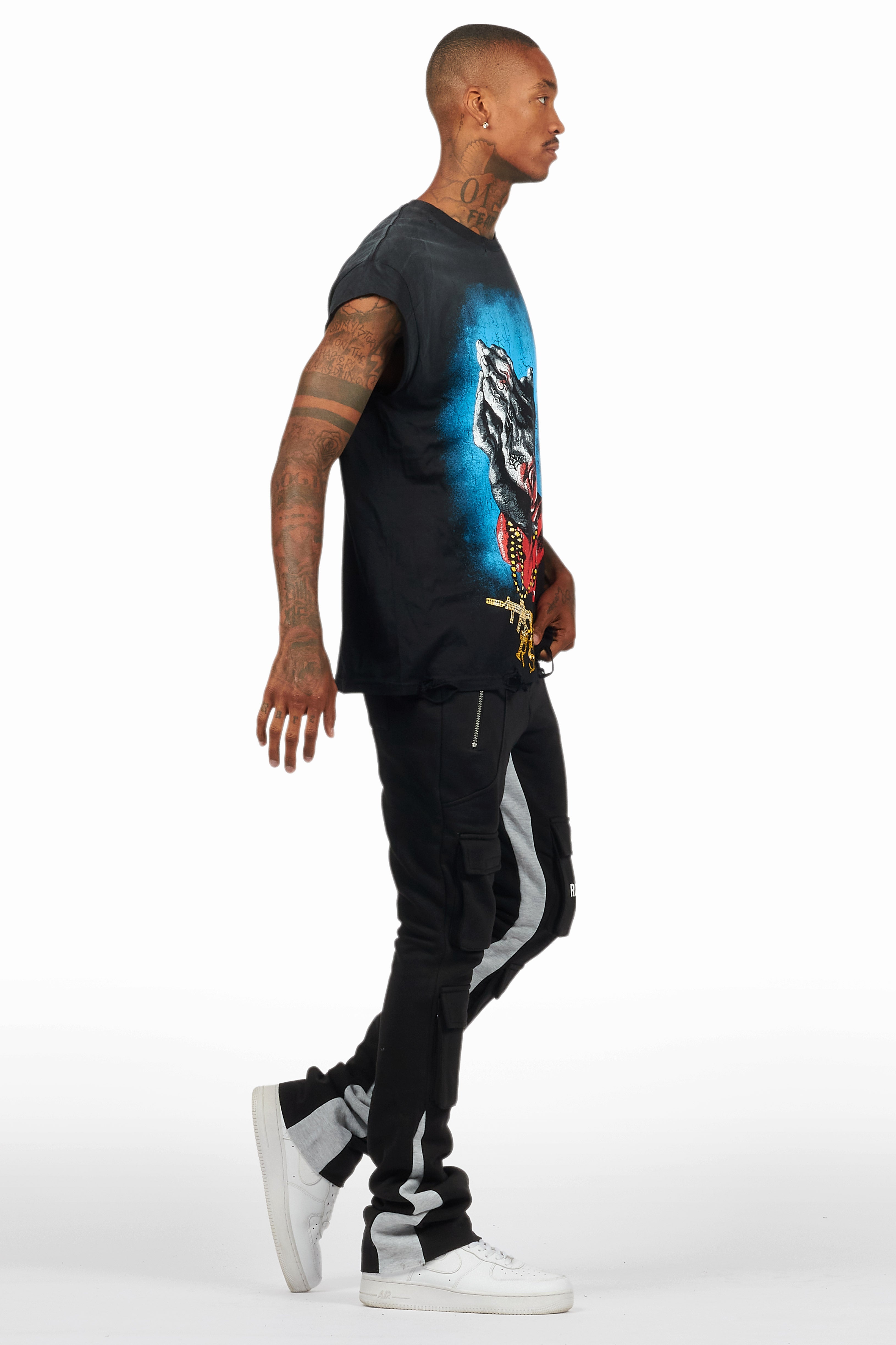 Antoon Black Stacked Flare Track Pant