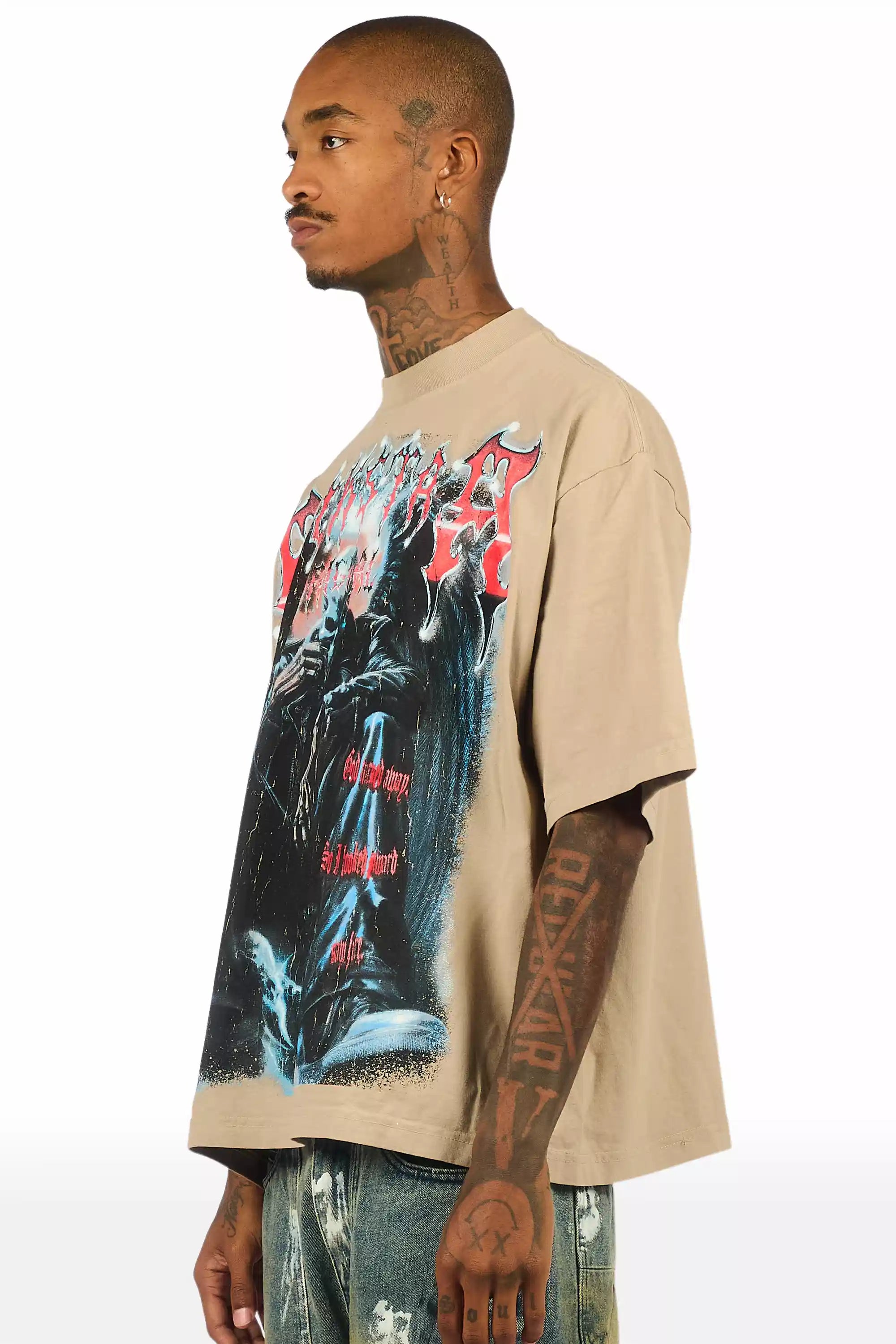 Krowne Beige/Black Oversized Graphic T-Shirt