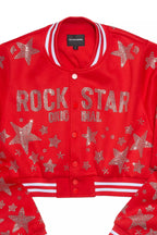 Shanda Red Crop Rhinestone Varsity Jacket