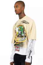 Gemchamp Beige/Red Boxy Crop Double Layer Tee