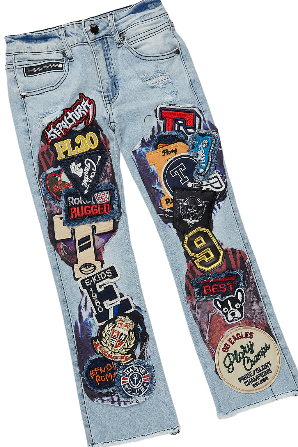 Girls Kaite Blue/Grey T-Shirt/Stacked Flare Jean Set