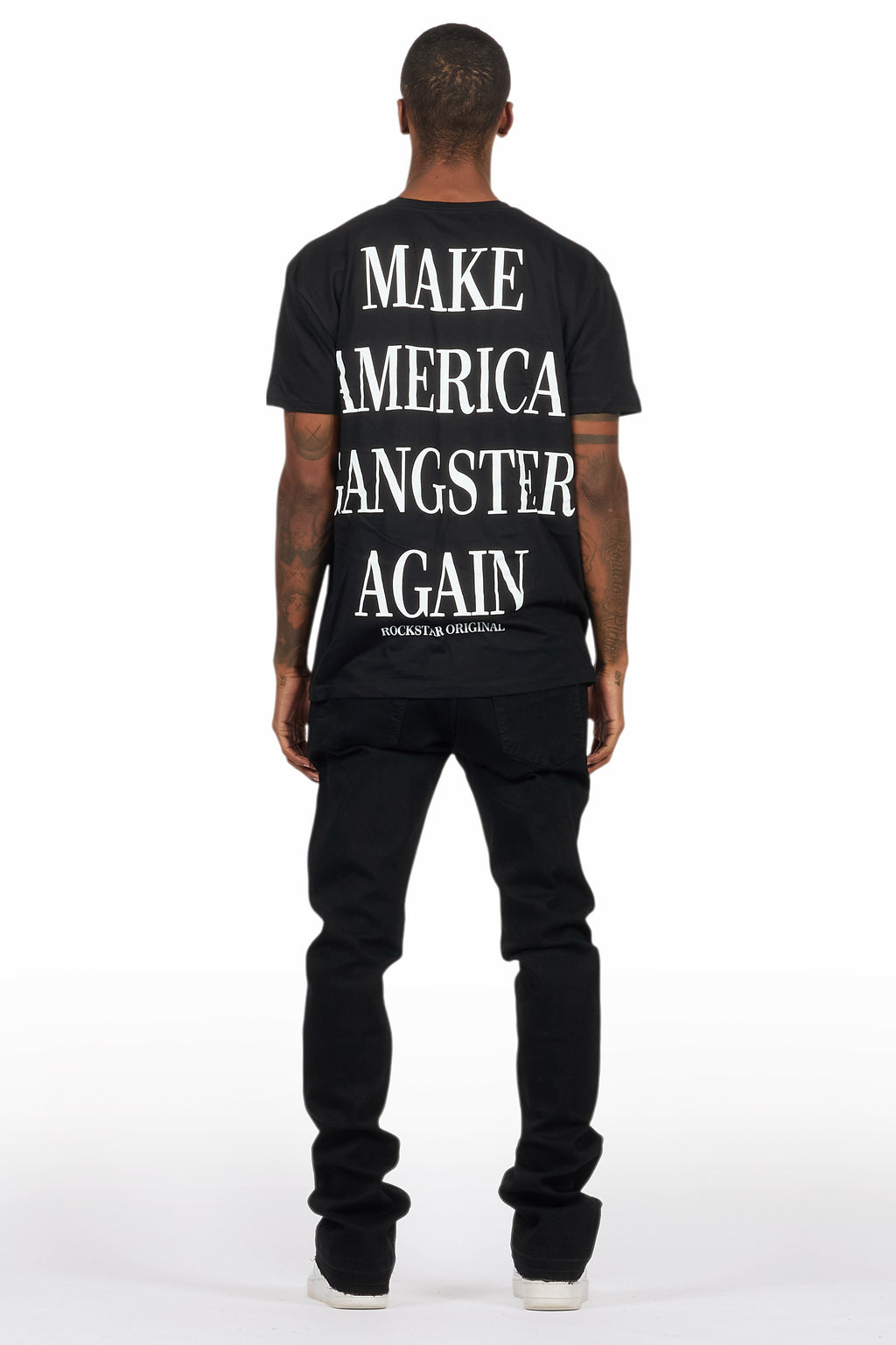 Drako Black/White Oversized Graphic T-Shirt/Dag Stacked Flare Jean Set