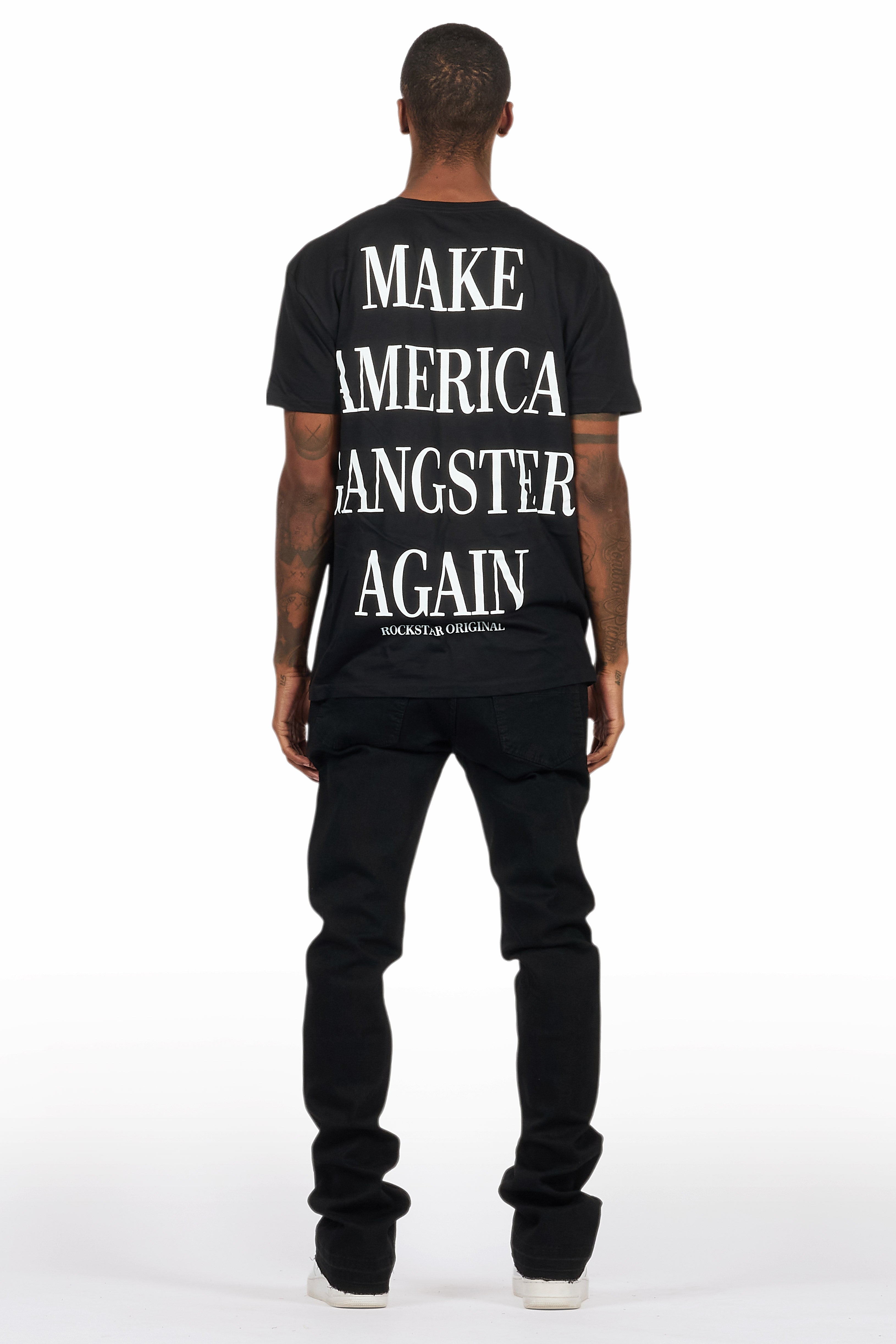 Drako Black/White Oversized Graphic T-Shirt/Dag Stacked Flare Jean Set