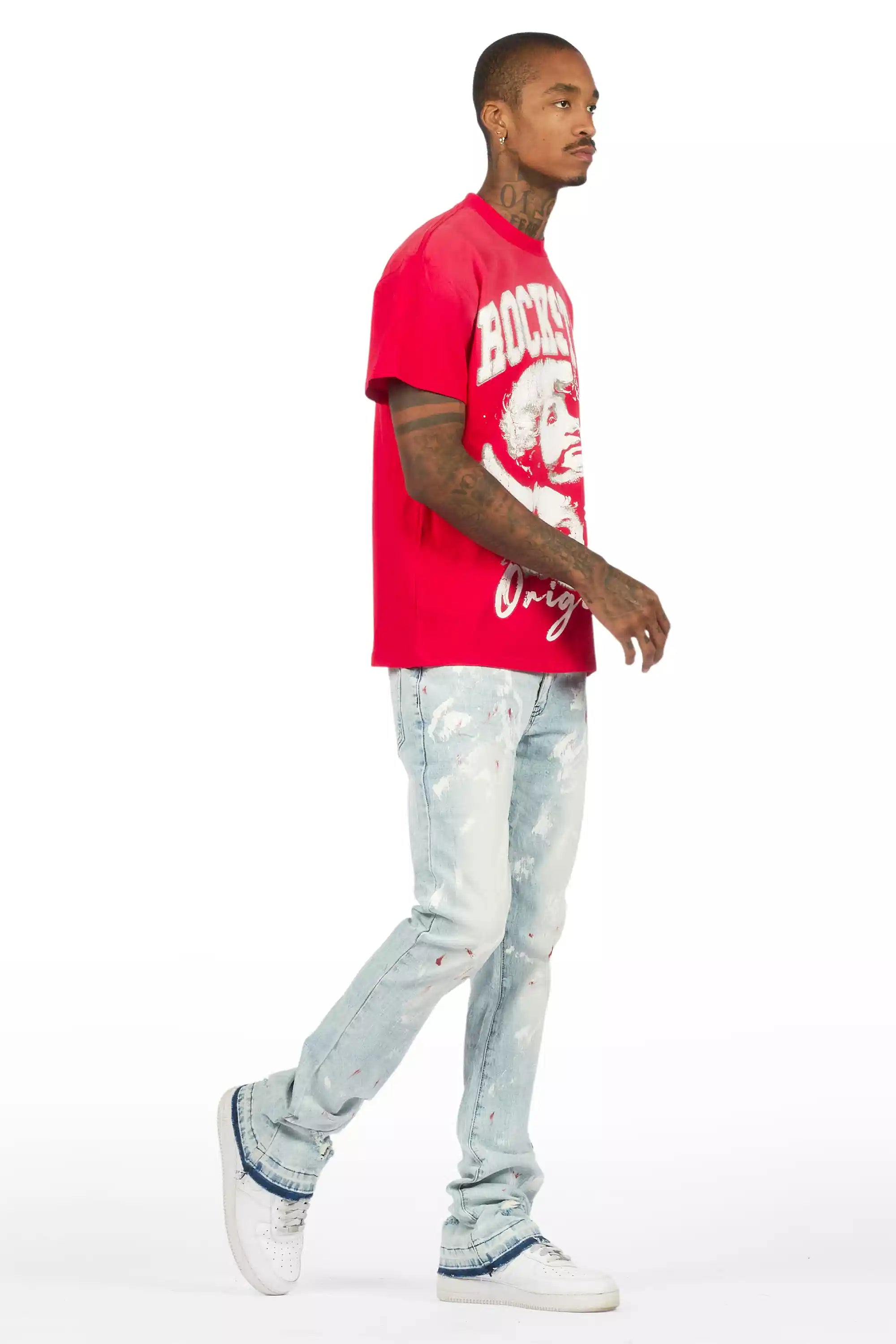 Deiter Red Oversized T-Shirt/Stacked Flare Jean Set