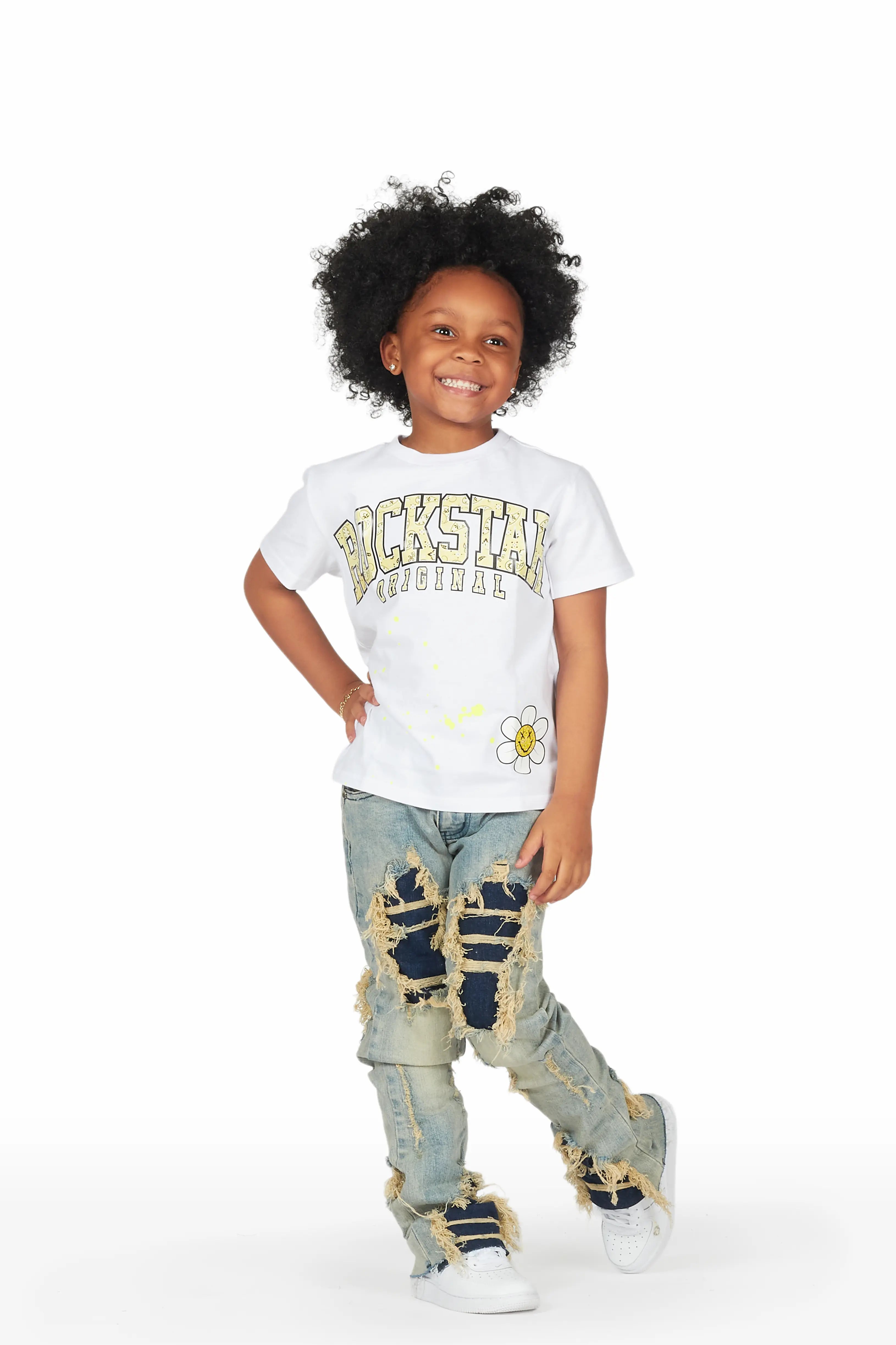 Girls Indie White/Blue T-Shirt/Stacked Flare Jean Set