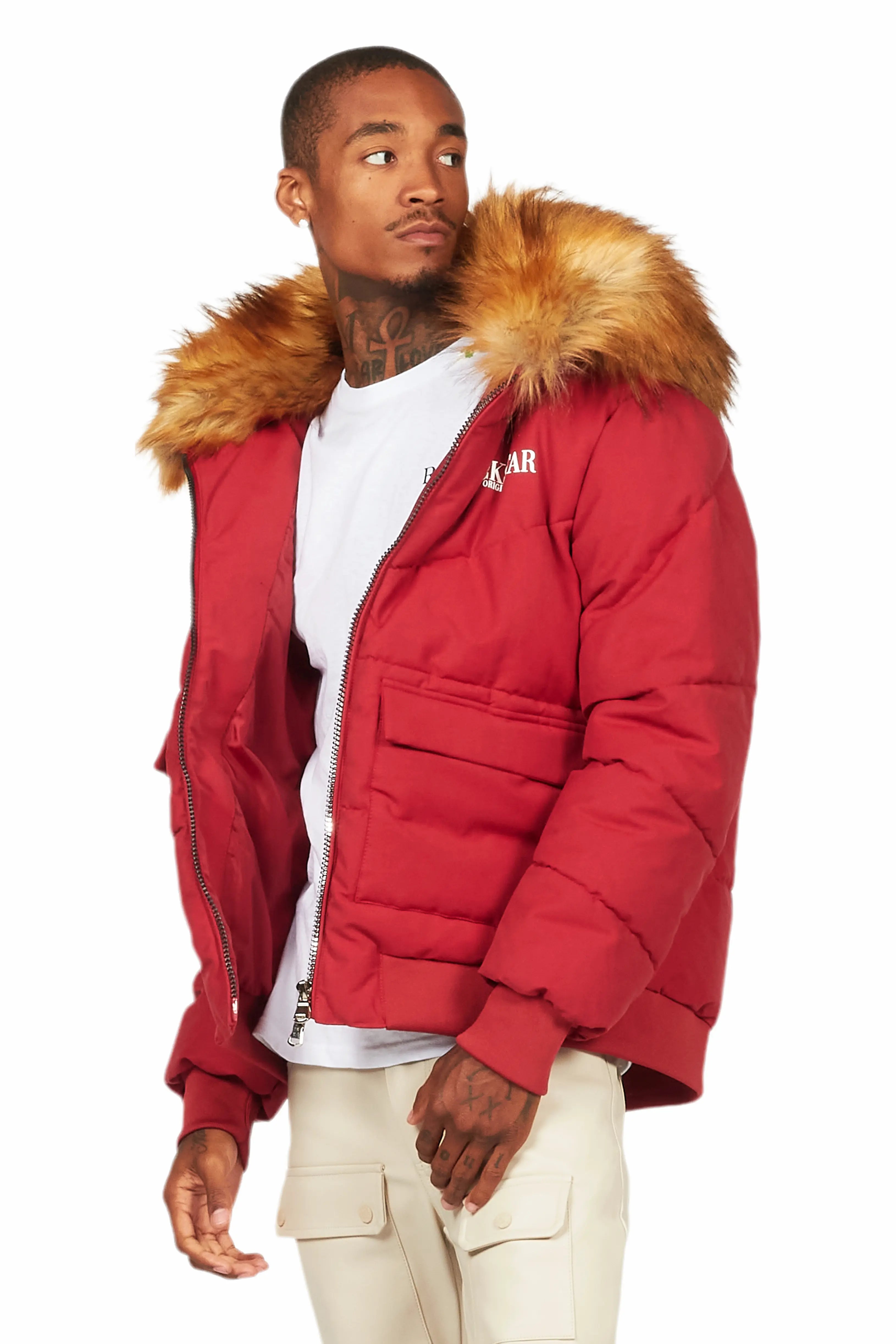 Langston Red Puffer Jacket with Fur Hood