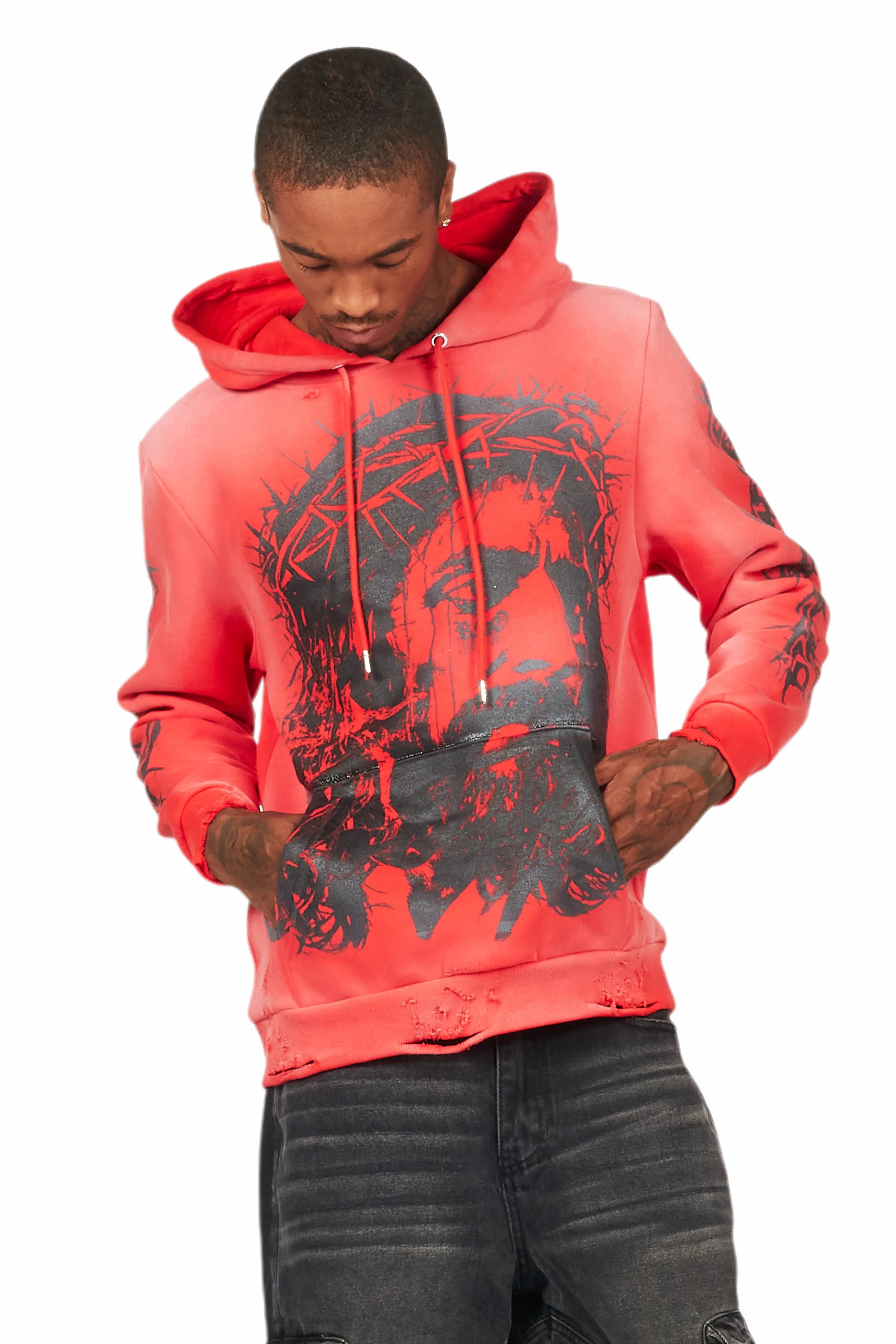 Bedros Red Graphic Distressed Hoodie