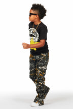 Boys Waage Black Tree Camo Stacked Flare Cargo Jean