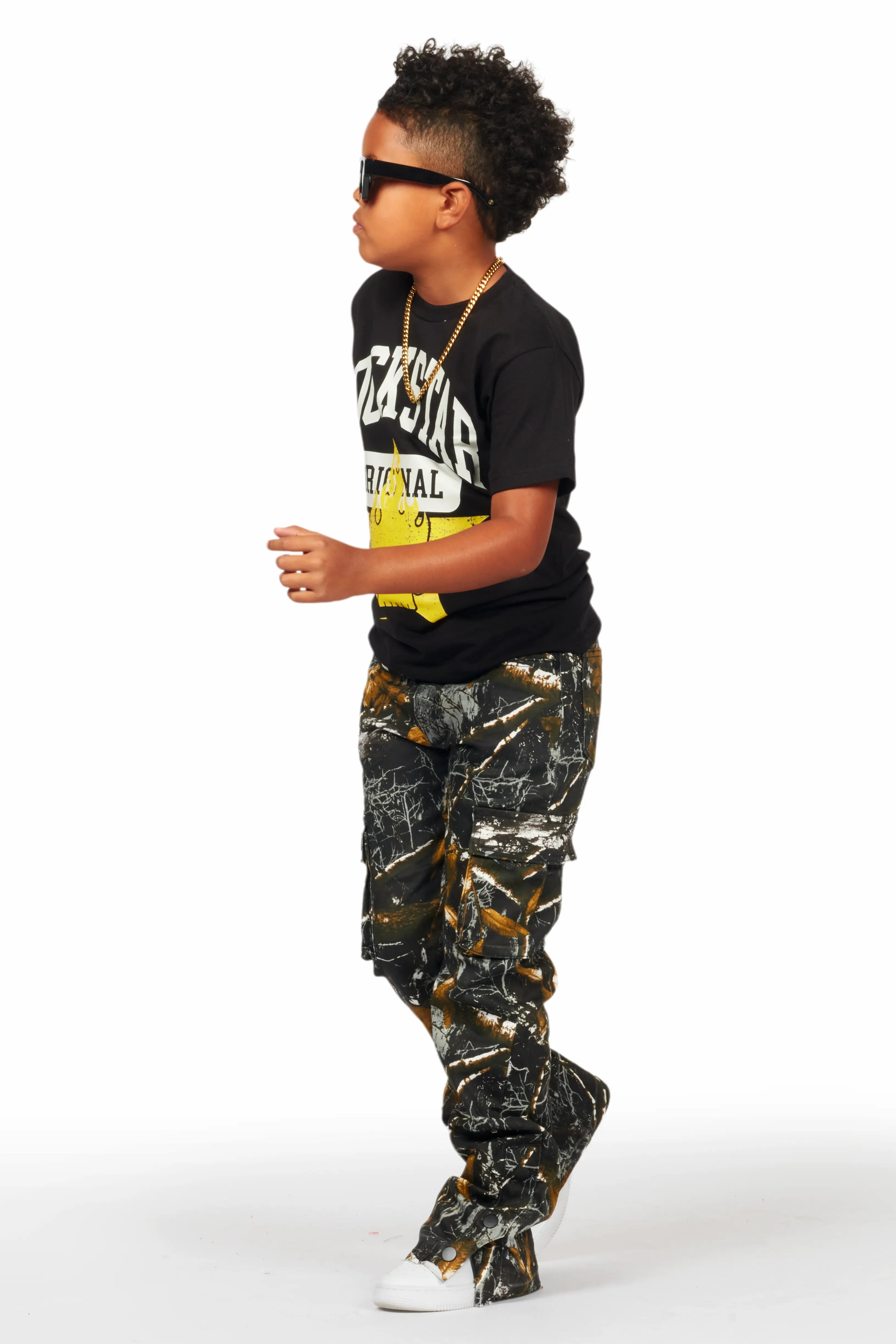 Boys Waage Black Tree Camo Stacked Flare Cargo Jean