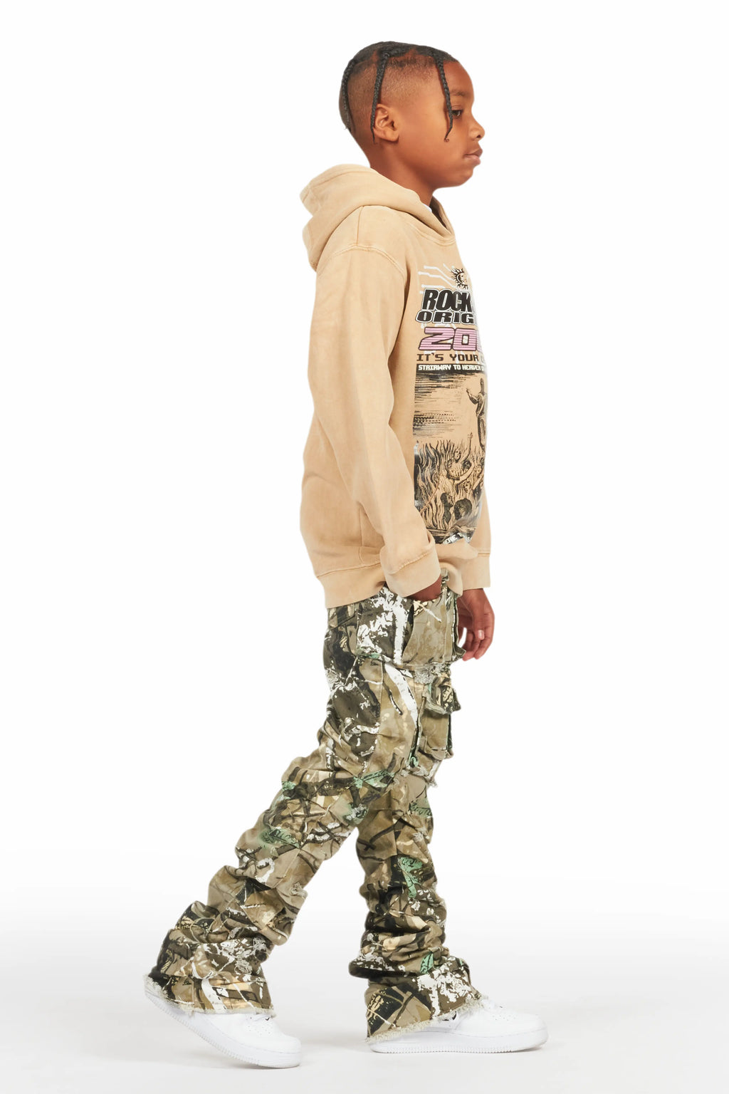 Boys Luxton Vintage Beige/Tree Camo Hoodie/Stacked Flare Jean Set