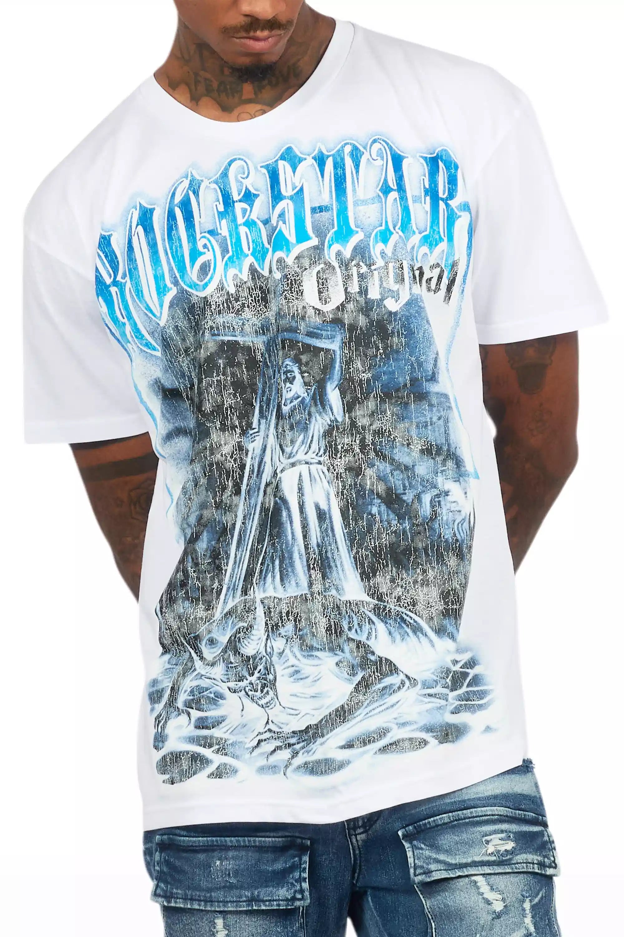 Renzo White/Blue Oversized Graphic T-Shirt