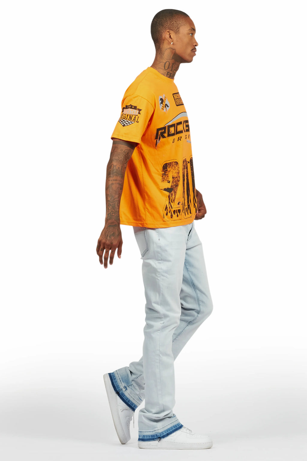 Amos Orange T-Shirt/Dag Blue Stacked Flare Jean Set