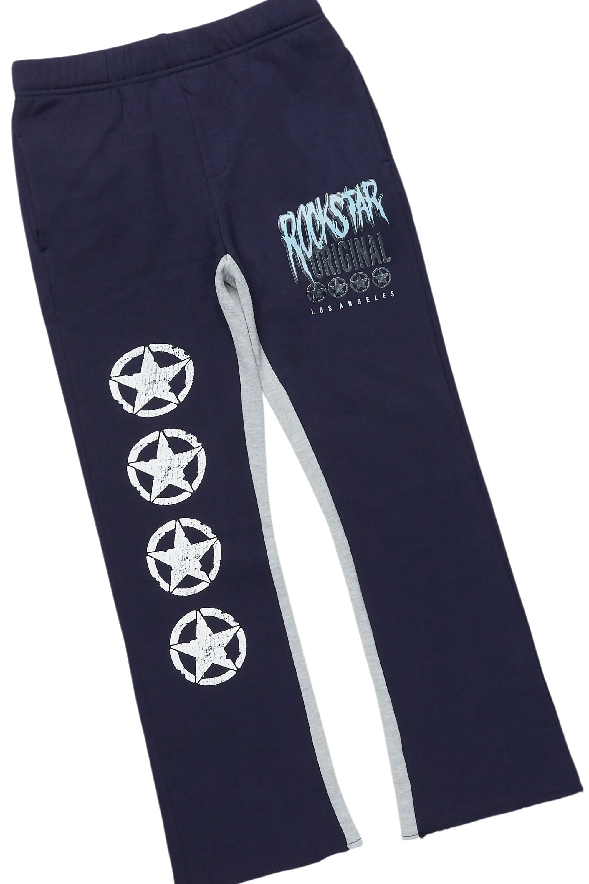 Boys Arjun White/Navy T-Shirt/Stacked Baggy Flare Pant Set