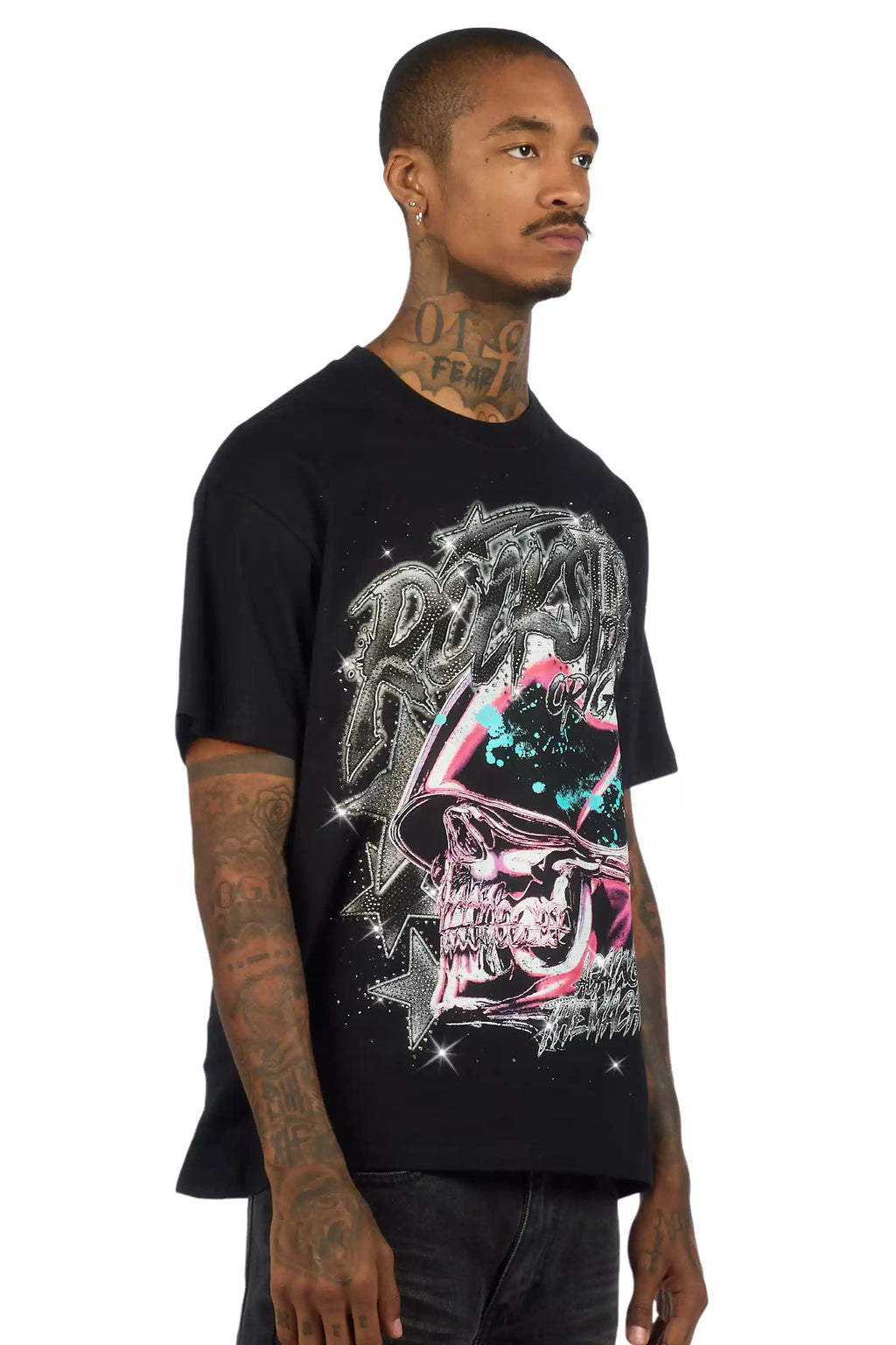 Outerworld Black Graphic Rhinestone T-Shirt