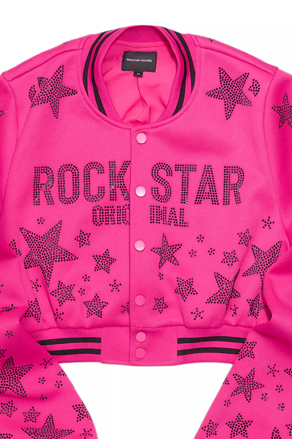 Shanda Hot Pink Crop Rhinestone Varsity Jacket
