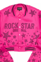 Shanda Hot Pink Crop Rhinestone Varsity Jacket