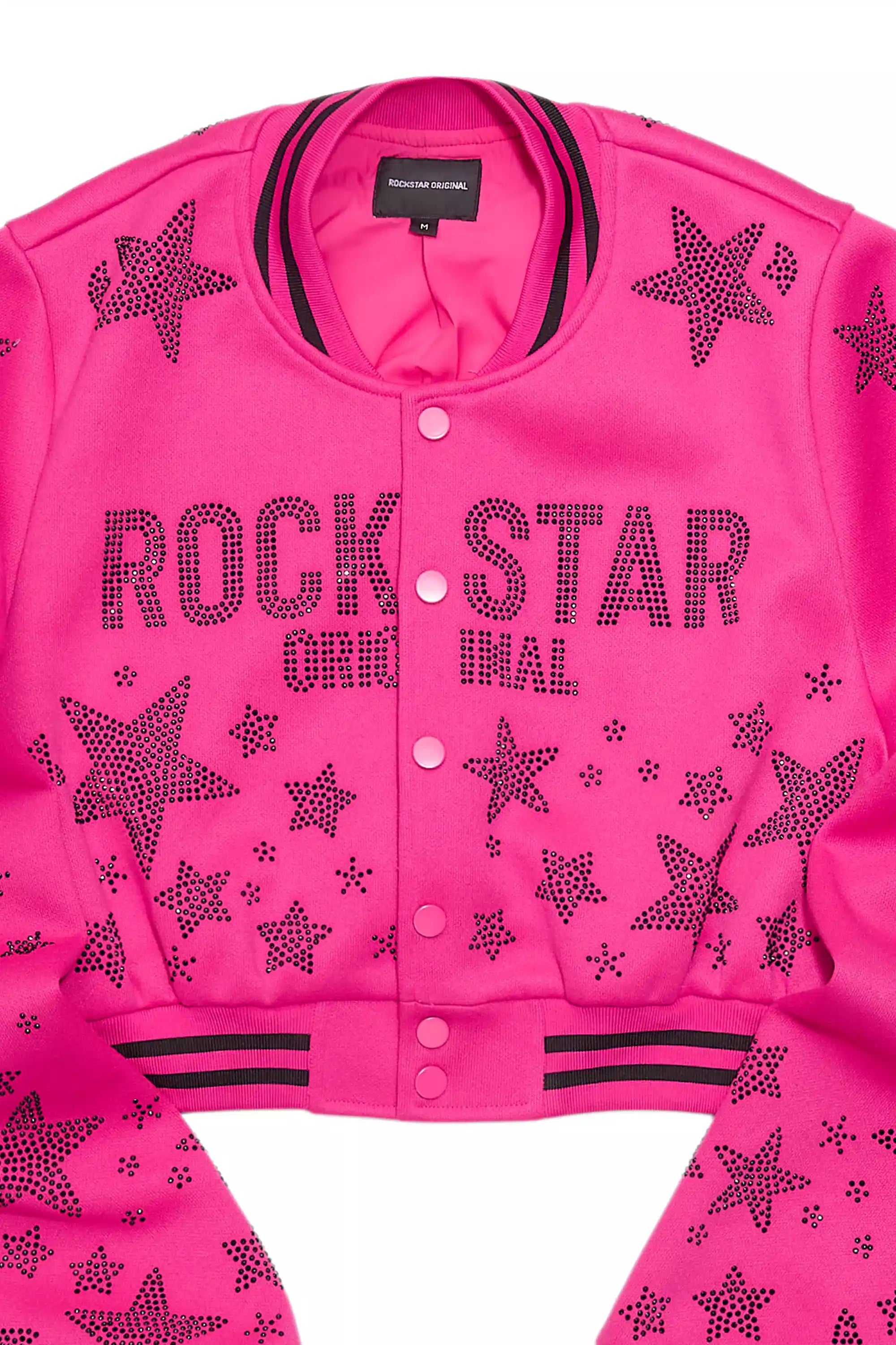 Shanda Hot Pink Crop Rhinestone Varsity Jacket