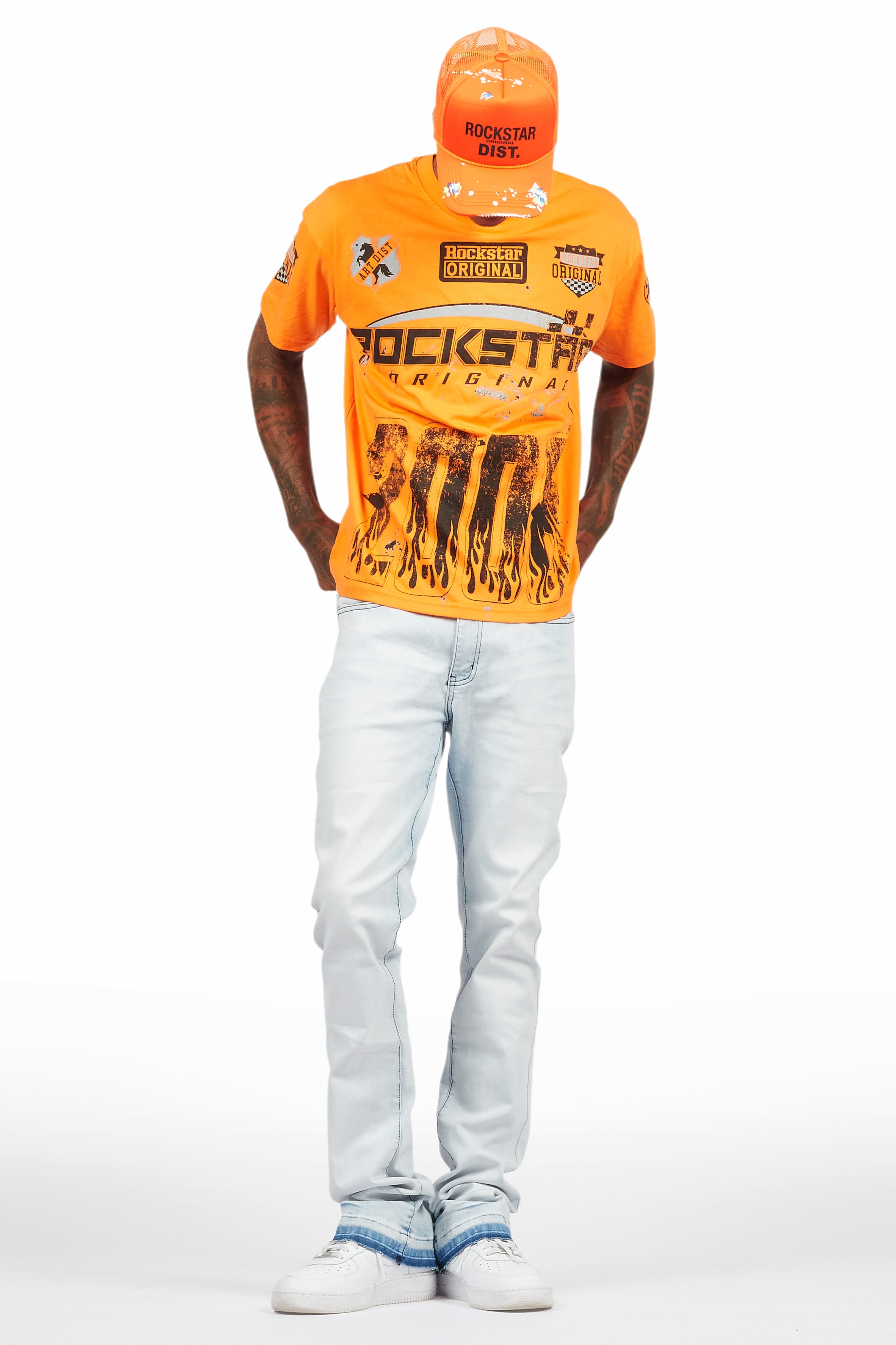 Amos Orange T-Shirt/Dag Blue Stacked Flare Jean Set