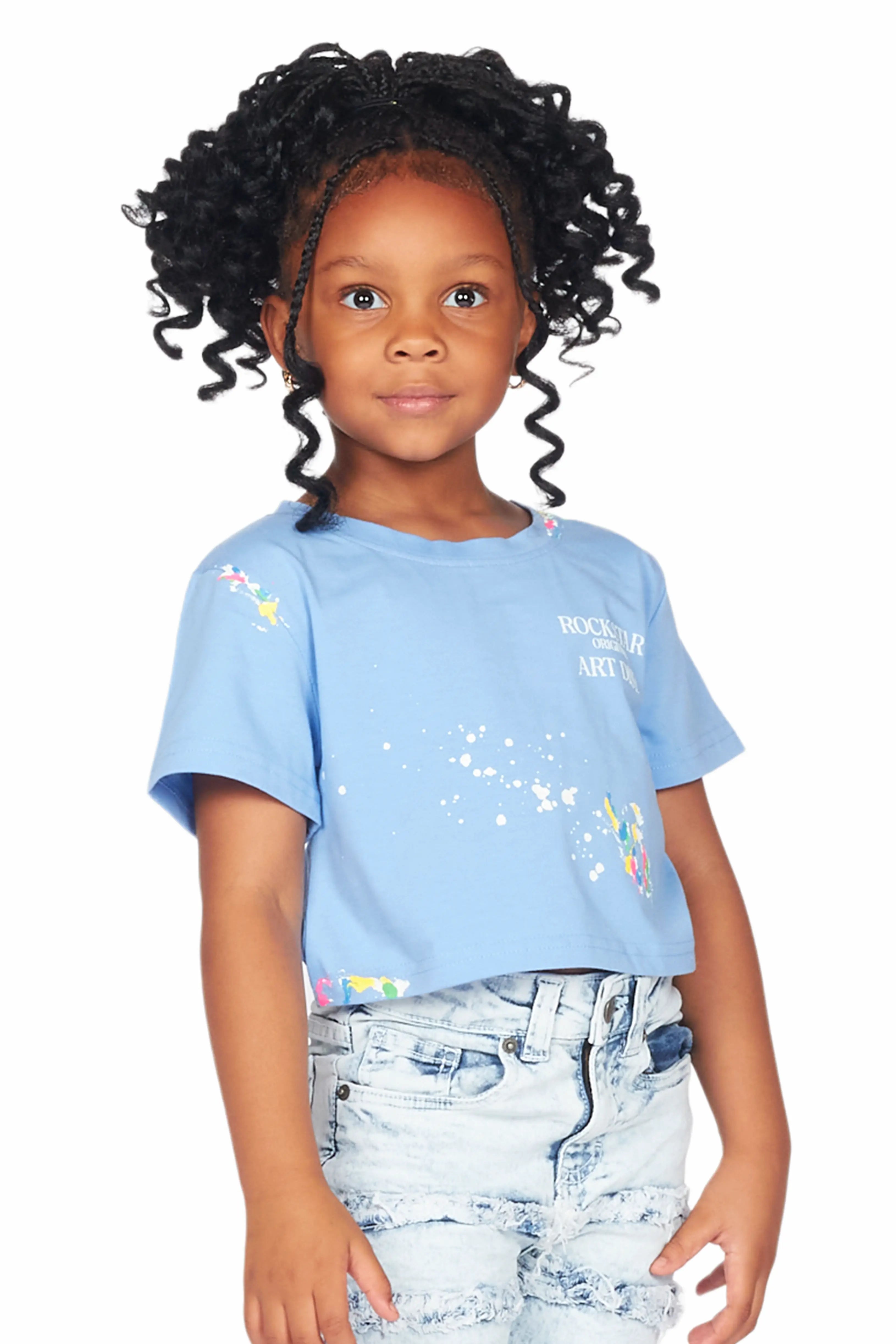 Girls Palmira Blue Crop Top Graphic T-Shirt