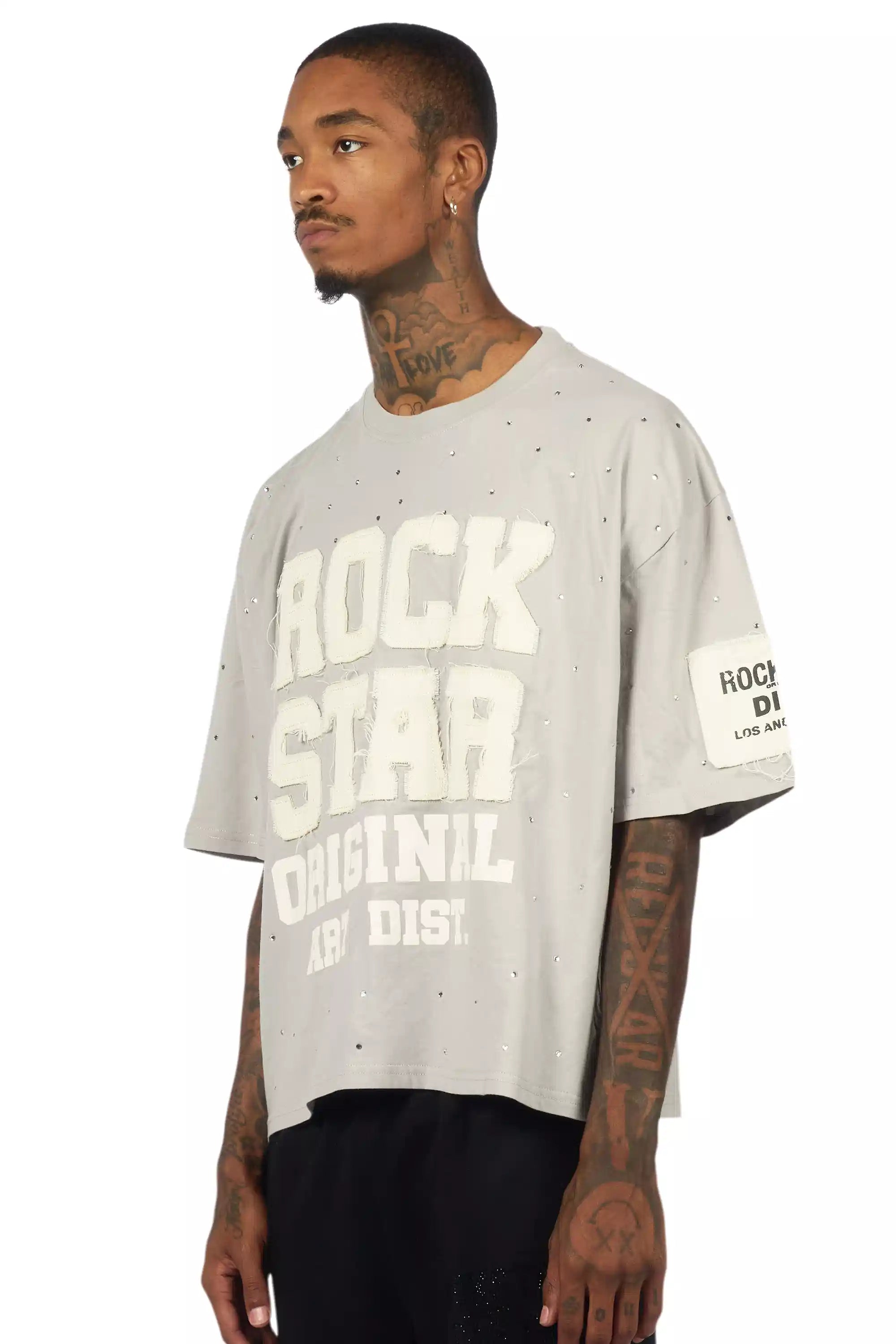 Yulian Grey Boxy Crop Rhinestone T-Shirt