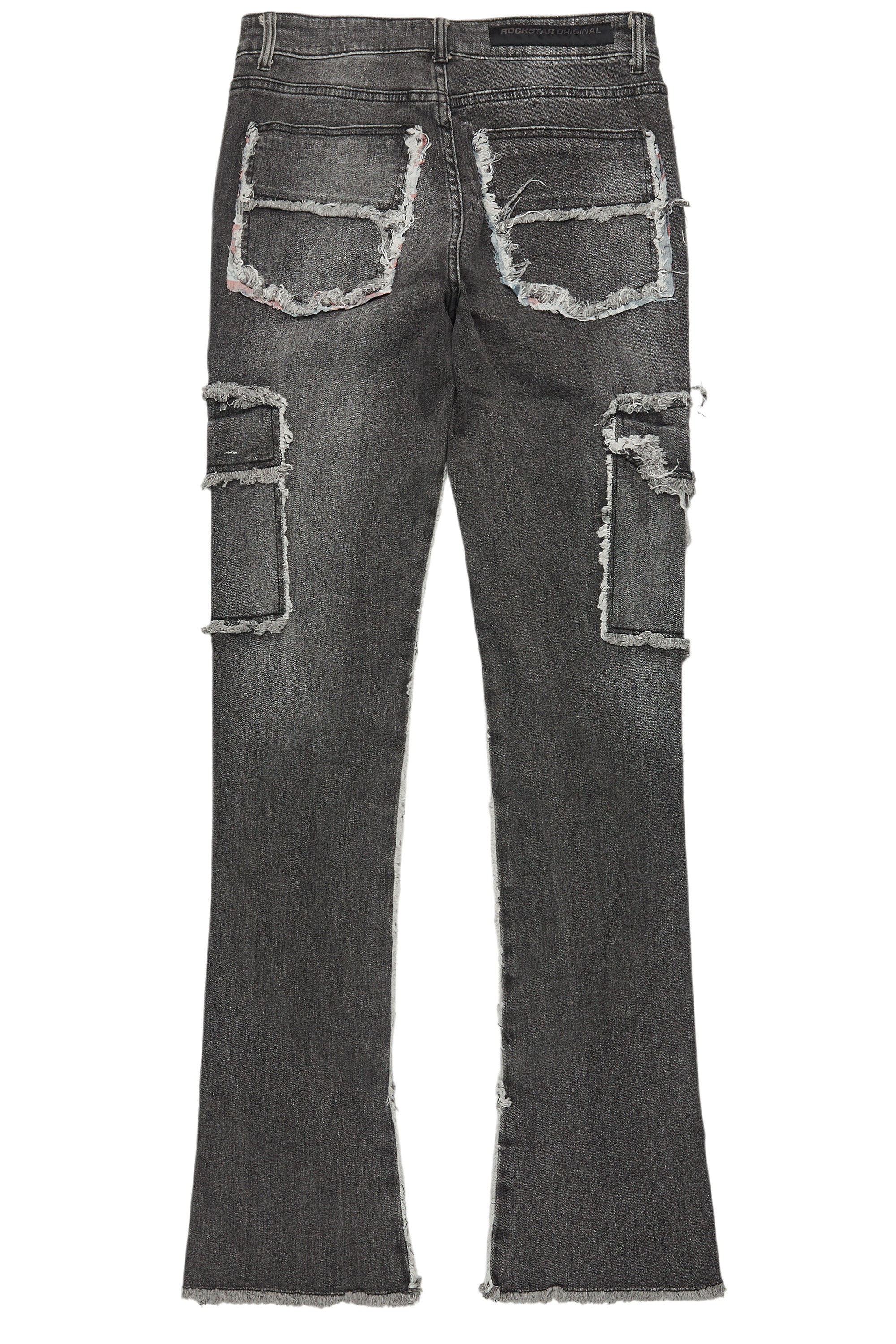 Revved Dark Grey Stacked Flare Jean