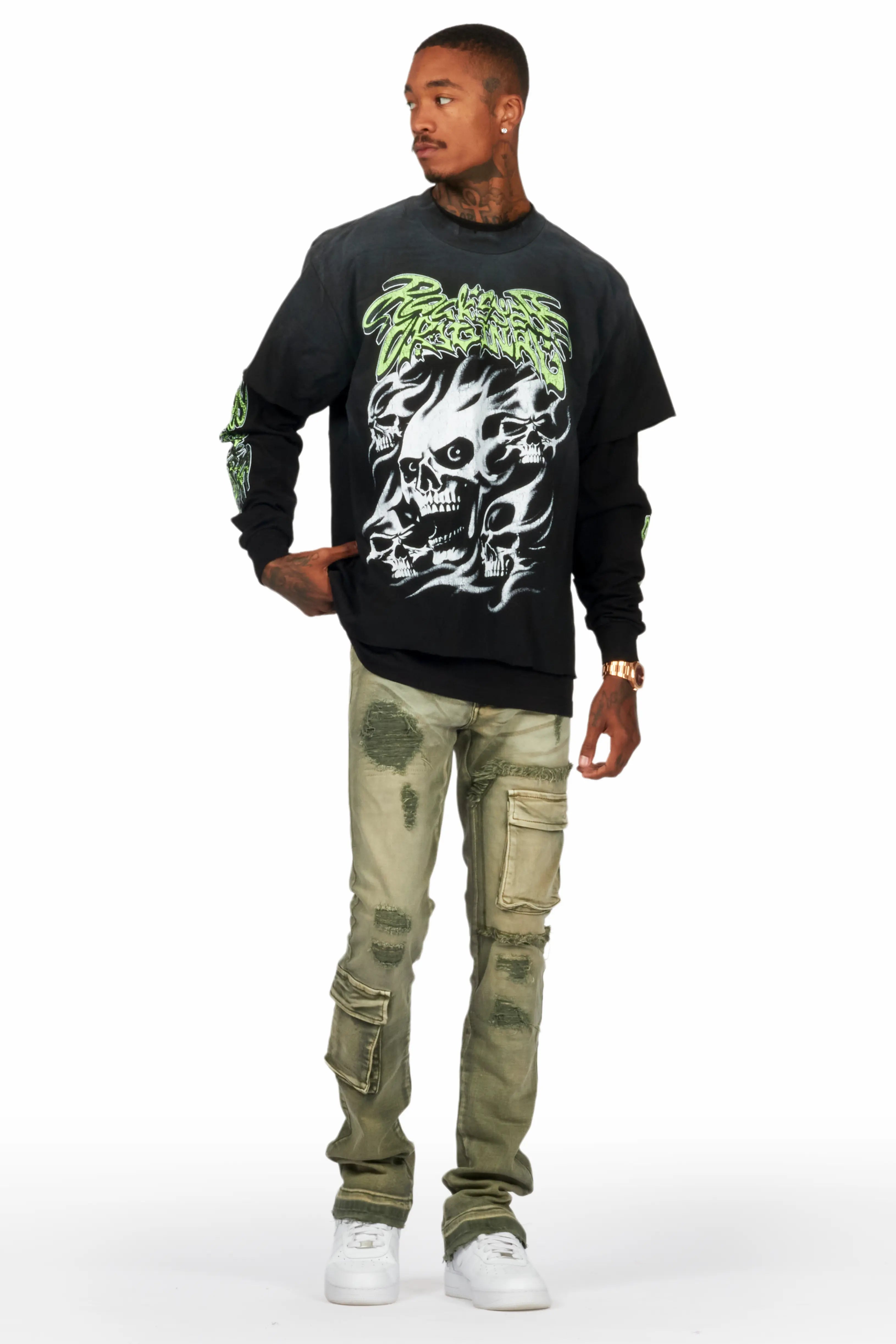 Zaxton Green Stacked Flare Jean