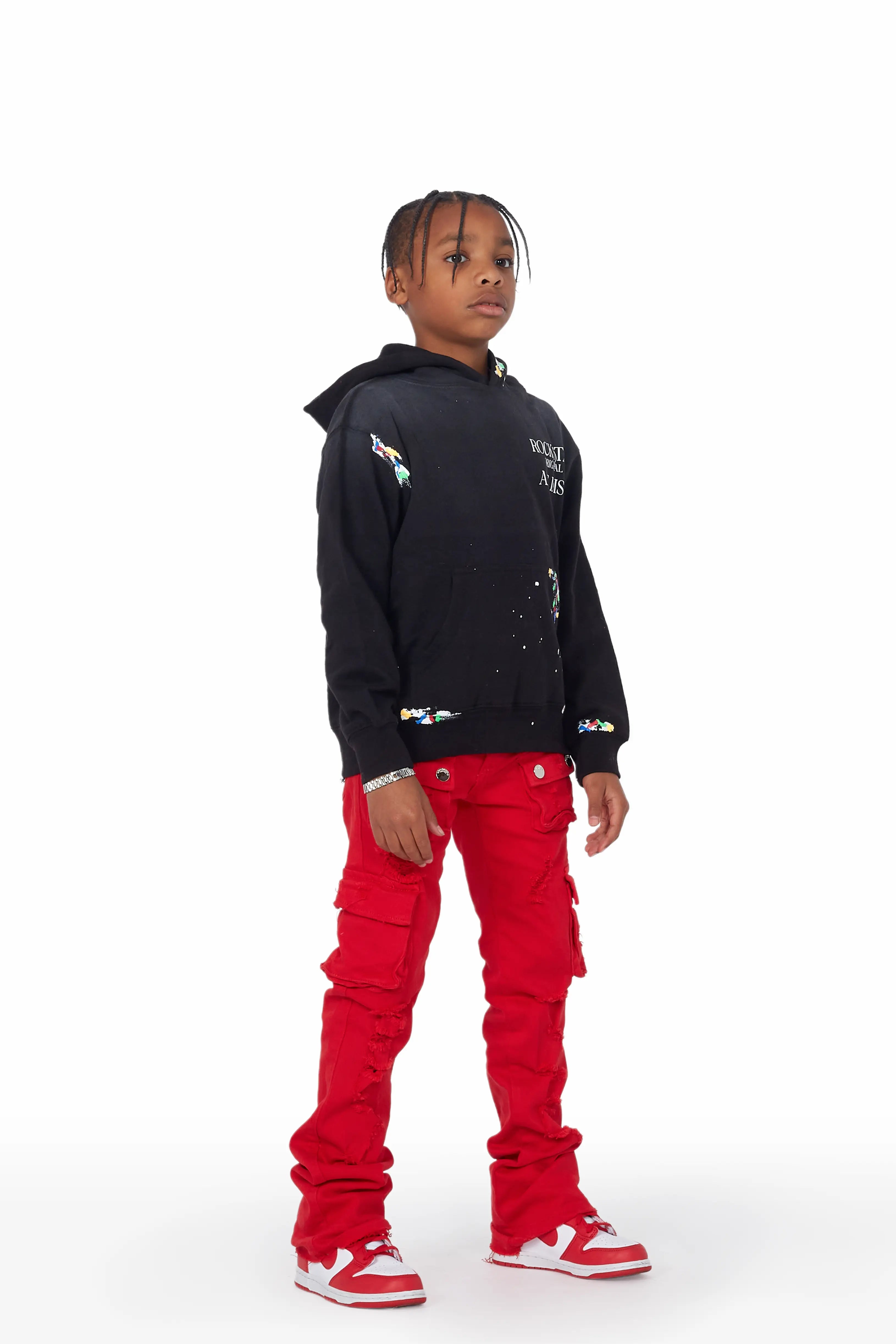 Boys Zaire Red Cargo Super Stacked Flare Jean