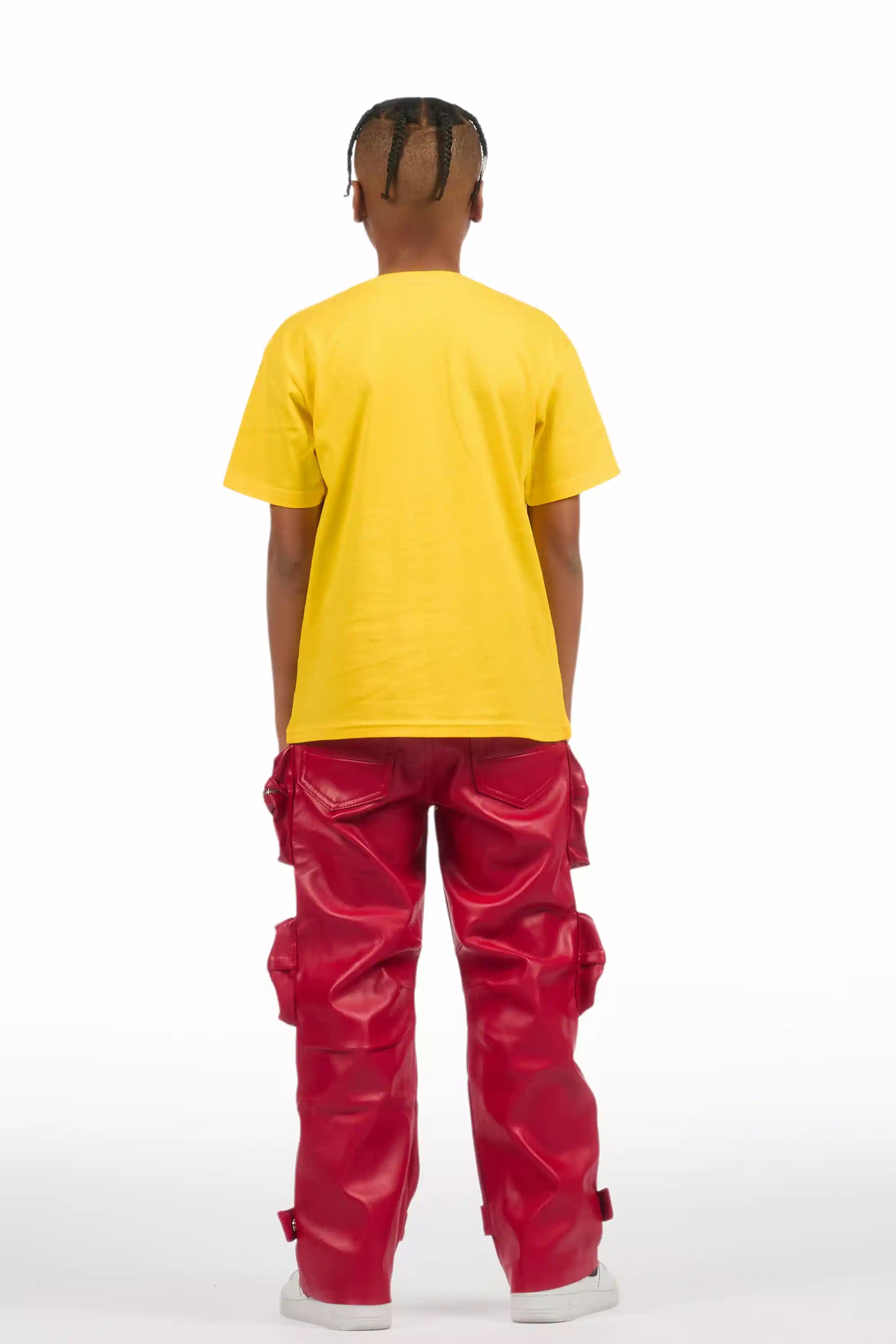 Boys Lenz Red PU Cargo Leather Baggy Fit Jean