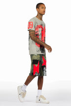 Grill Heather Grey/Red T-Shirt/Denim Short Set