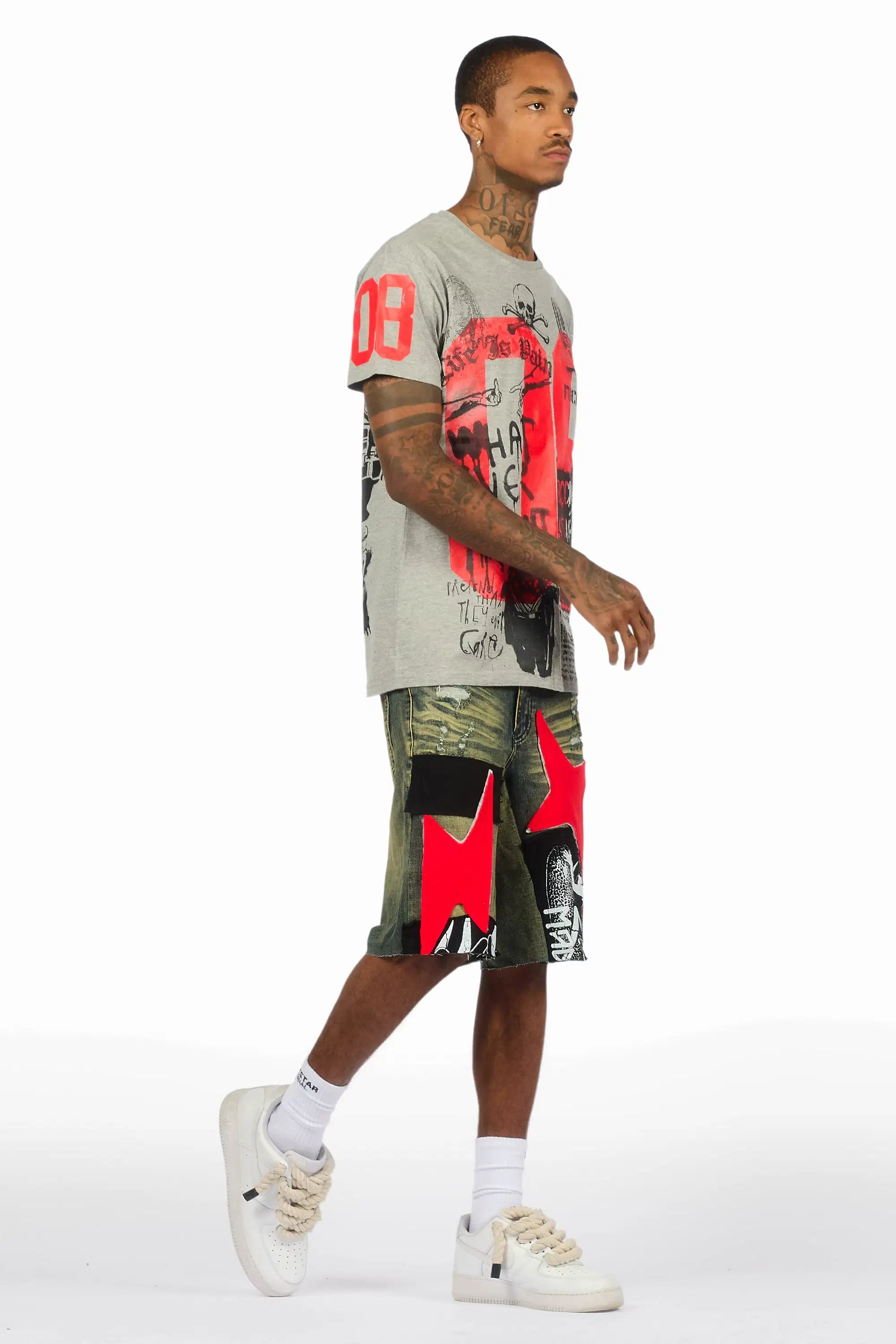 Grill Heather Grey/Red T-Shirt/Denim Short Set