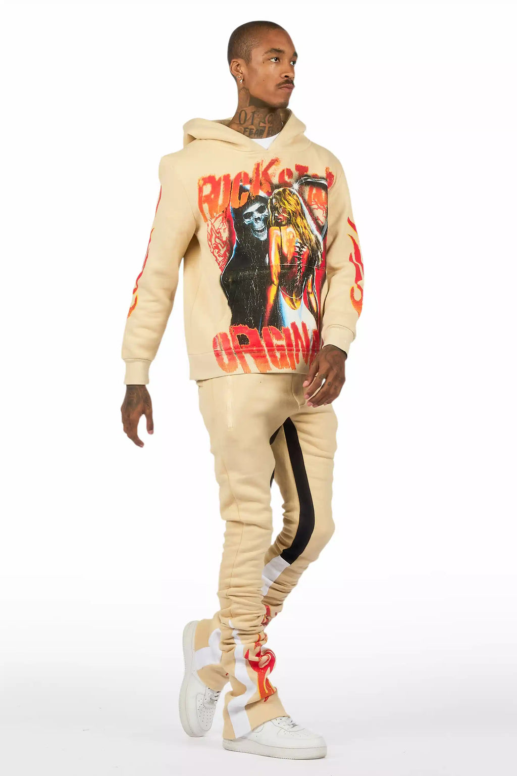 Zo Beige/Red Hoodie/Super Stacked Track Set