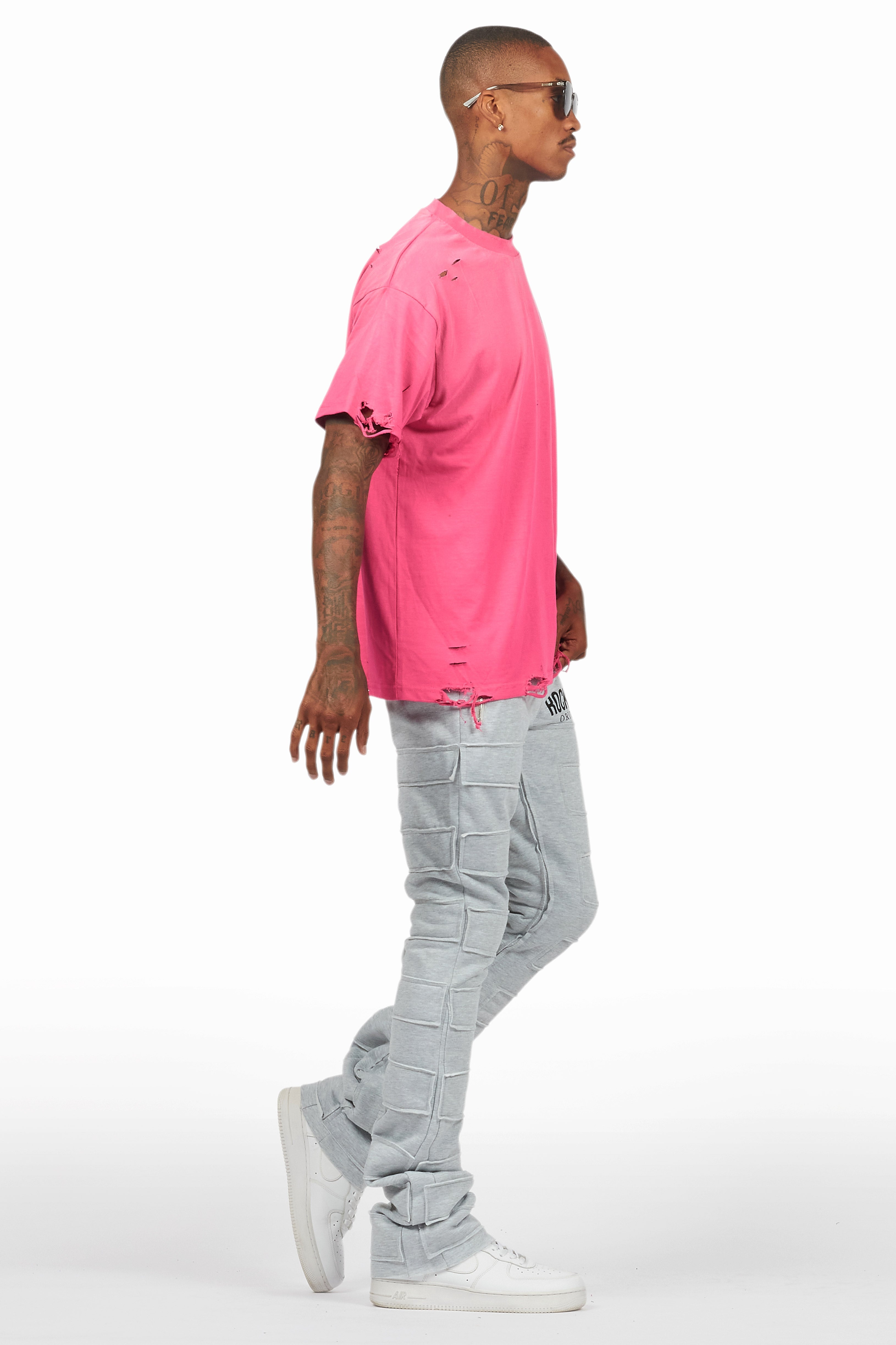 Emilio Heather Grey Stacked Flare Track Pant