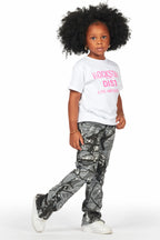 Girls Amiry Grey Camo Stacked Flare Cargo Jean